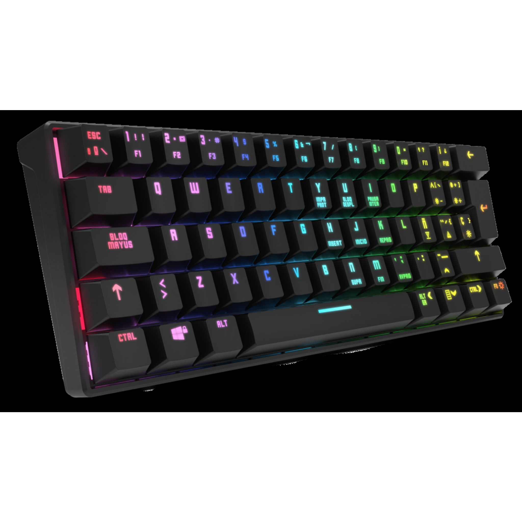 Tastiera meccanica nera con tasti multicolore. Ha un layout compatto.