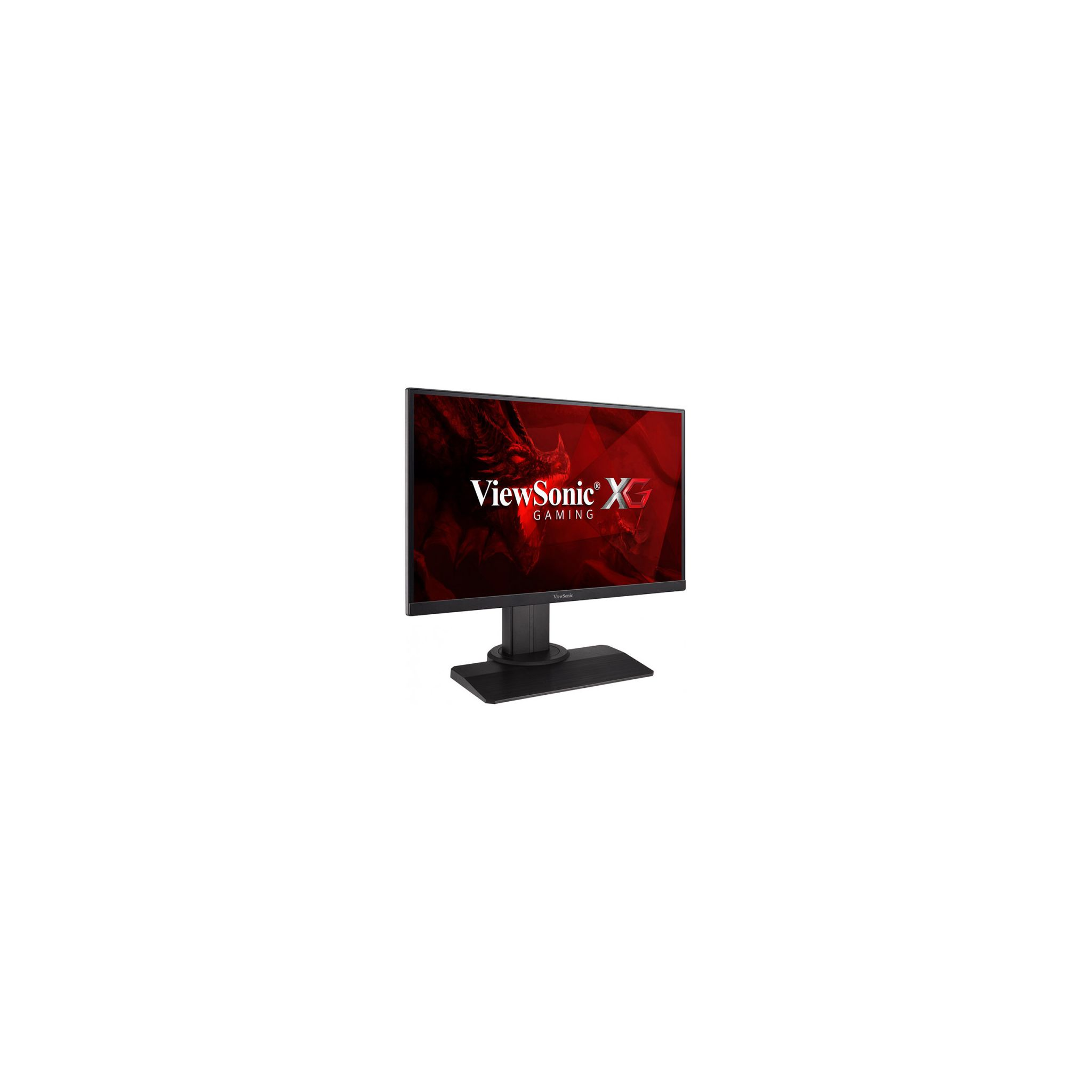 Monitor gaming ViewSonic nero con immagine di drago rosso e supporto nero.