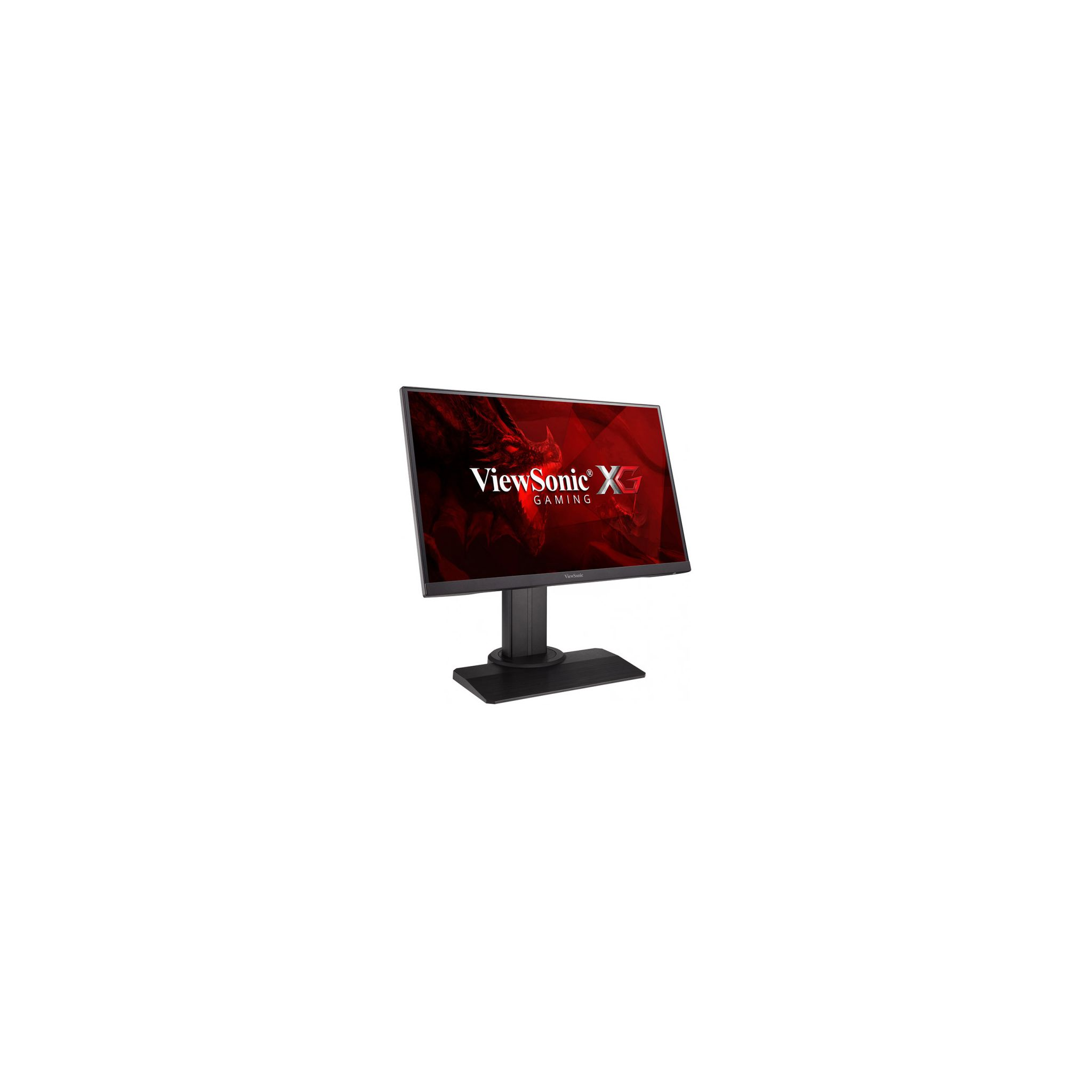 Un monitor da gioco ViewSonic. Lo schermo mostra una grafica di drago rosso su sfondo nero.