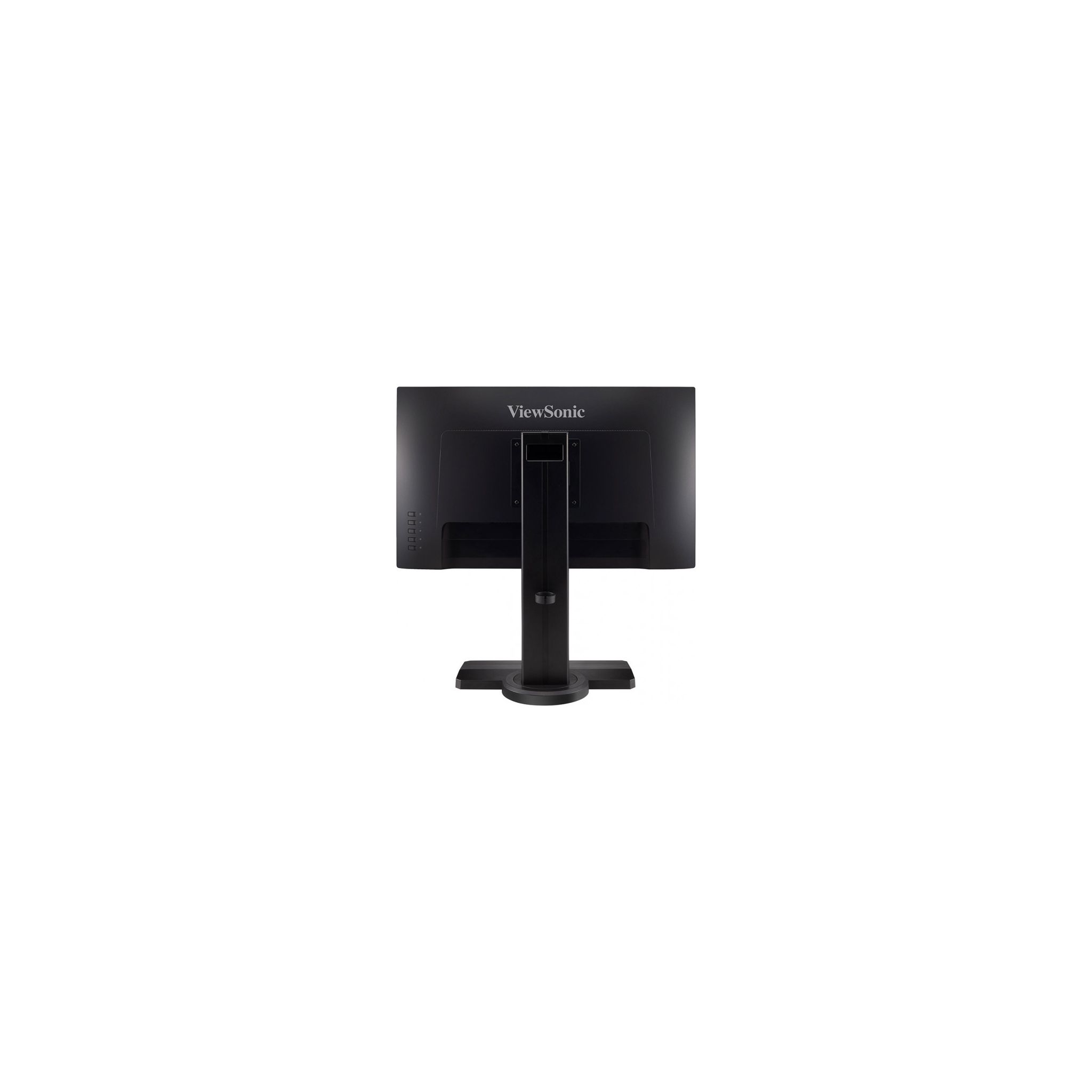 Monitor ViewSonic nero, vista posteriore, su supporto nero, sfondo bianco.