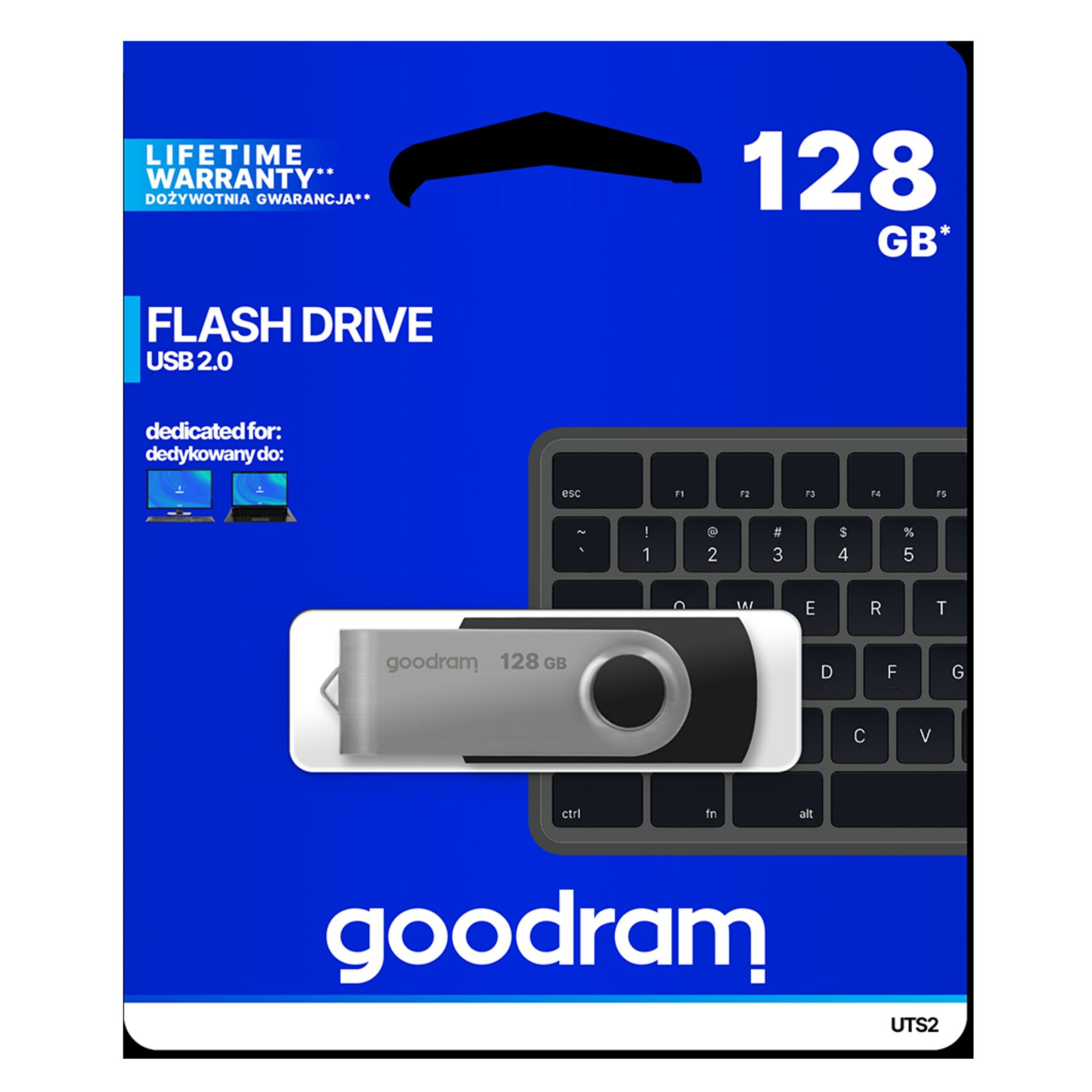 Pamięć flash w opakowaniu. Opakowanie jest niebiesko-białe.