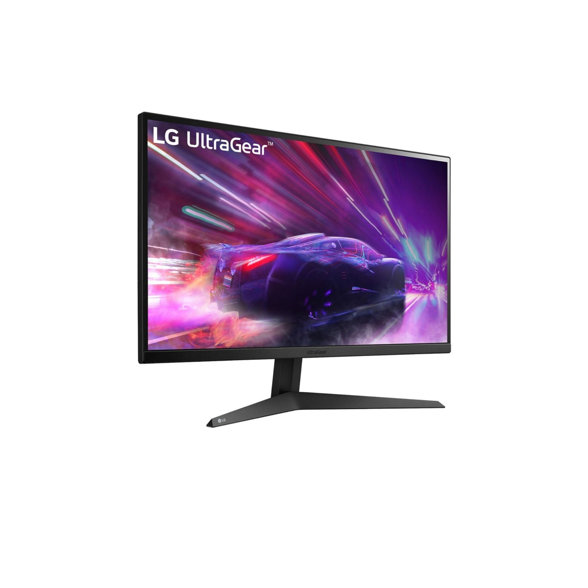 Ein Monitor mit einer Autorennszene und dem LG UltraGear-Logo.