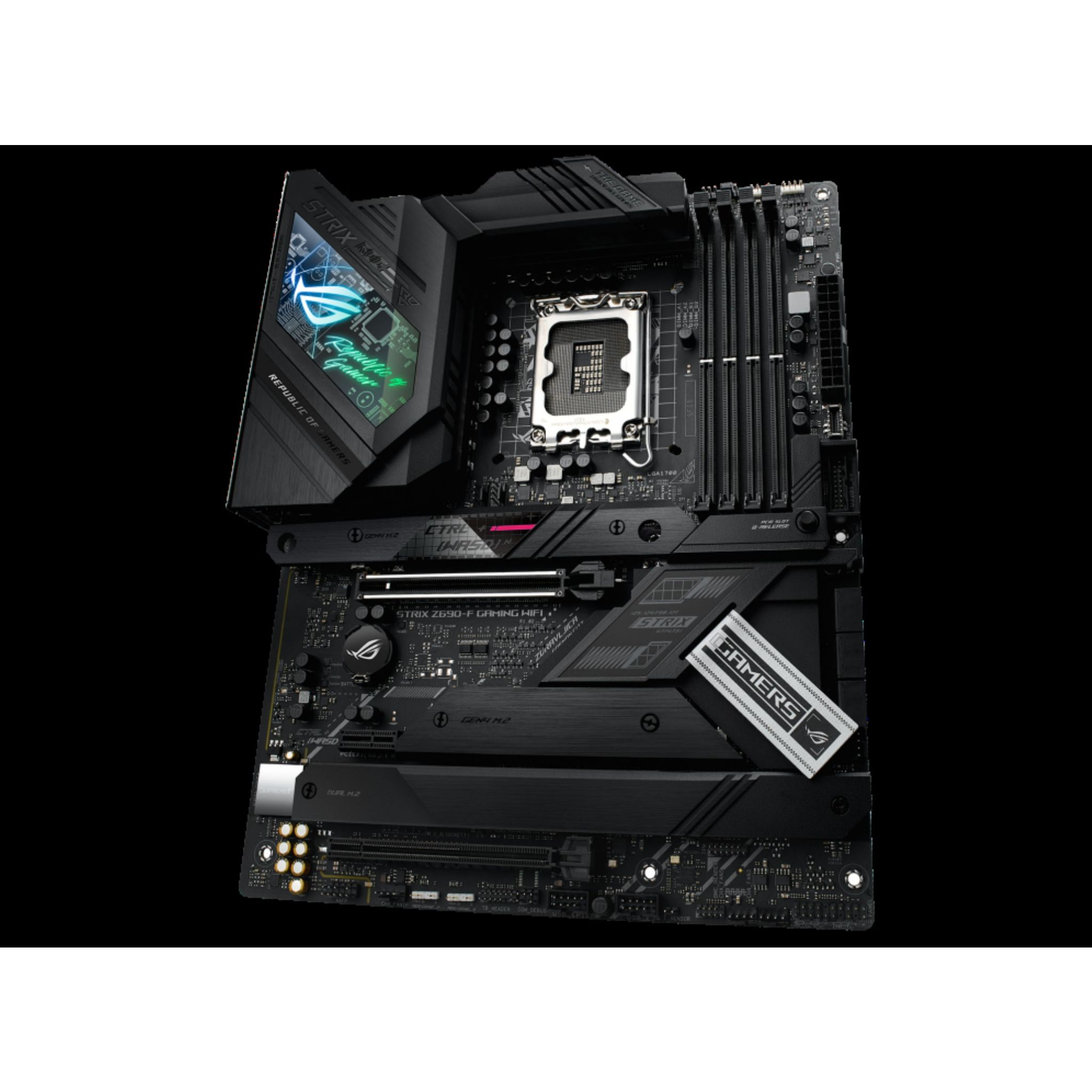 Placa base de computadora negra y plateada con varios componentes.