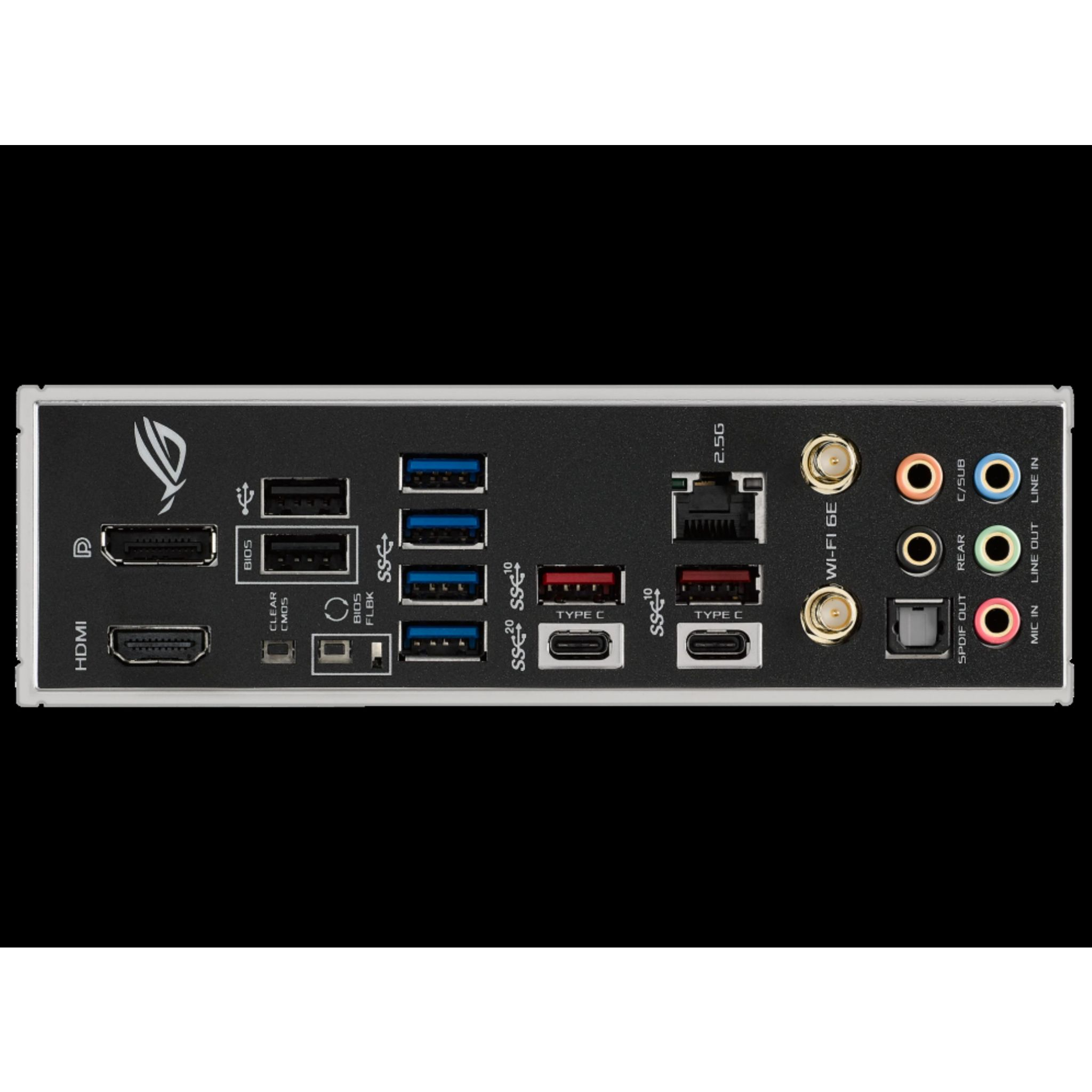 Parte trasera de una placa base de computadora con varios puertos y conexiones.