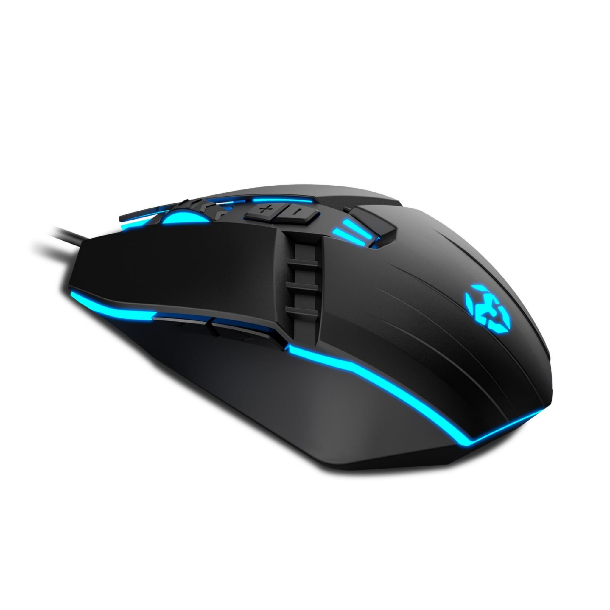 Mouse da gioco nero con luci blu, su sfondo bianco.