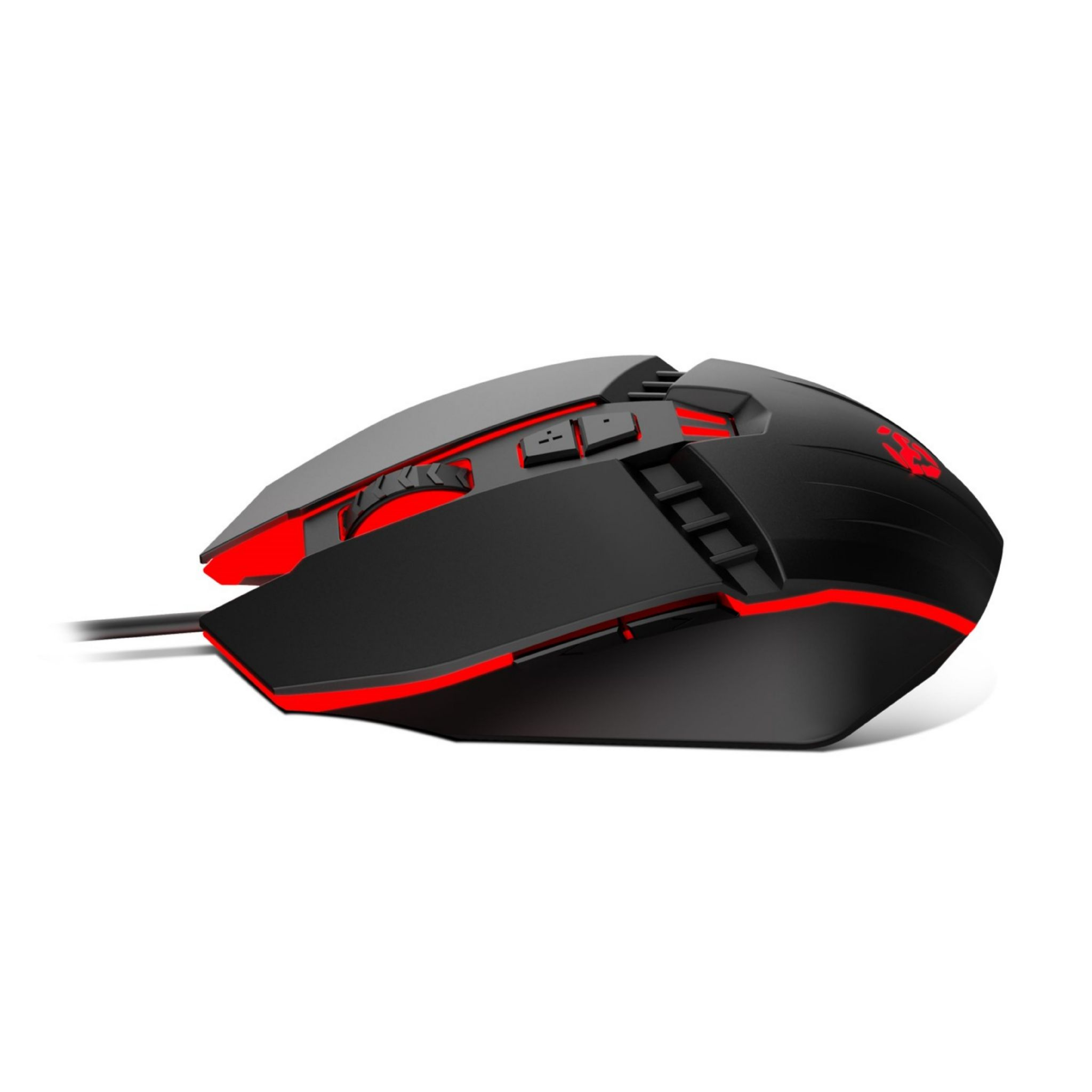 Un mouse da gioco nero con dettagli rossi su sfondo bianco.
