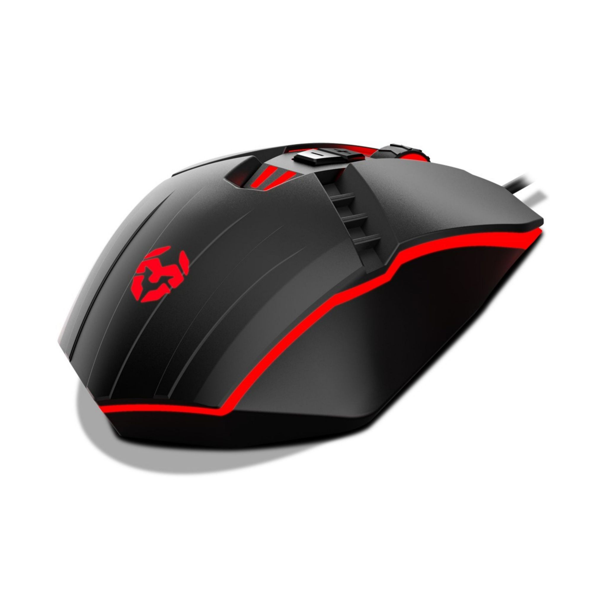 Mouse da gioco nero con dettagli rossi e logo su sfondo bianco.