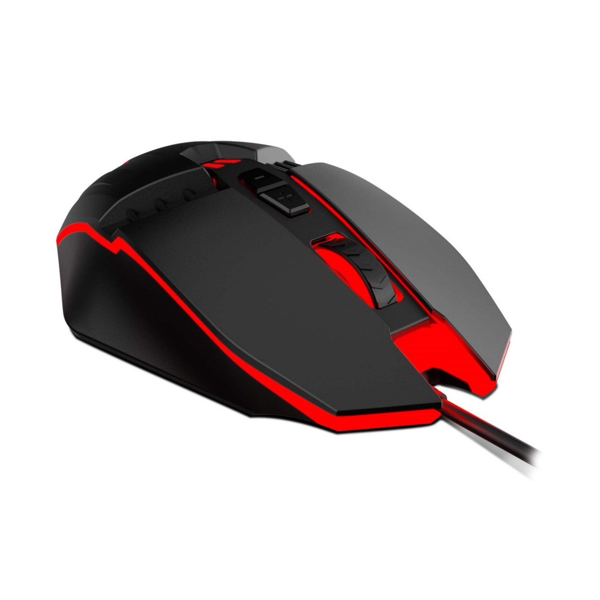 Mouse da gaming nero con dettagli rossi, vista laterale su sfondo bianco.