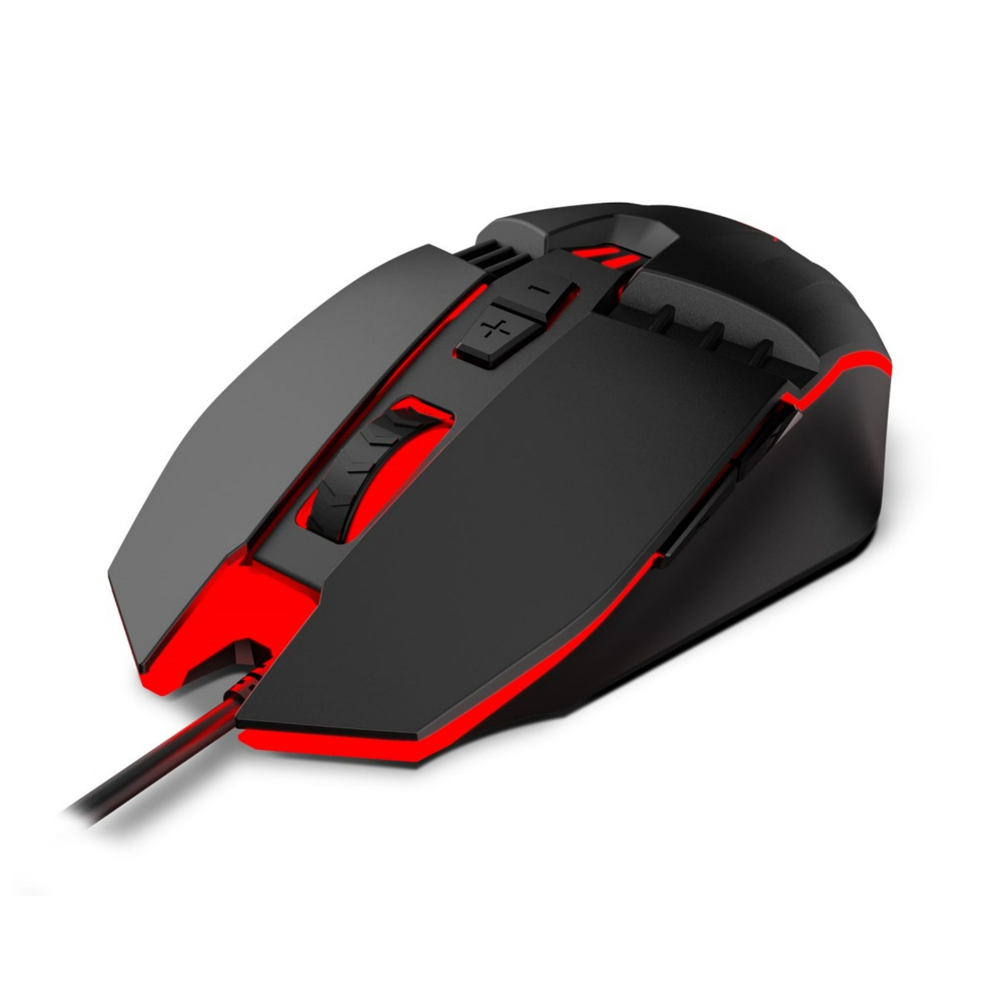 Mouse da gioco nero con dettagli rossi su sfondo bianco.