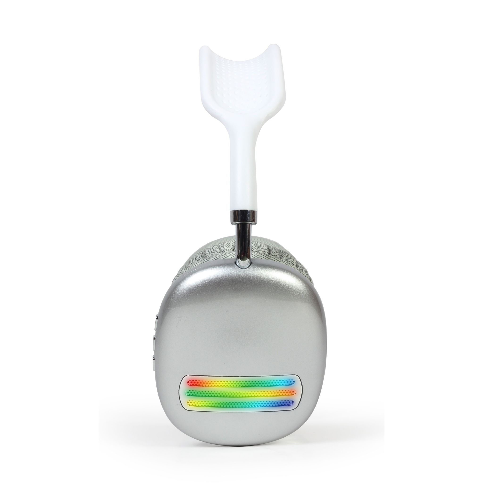 Srebrne słuchawki z białym pałąkiem. Na nausznikach kolorowe światła.