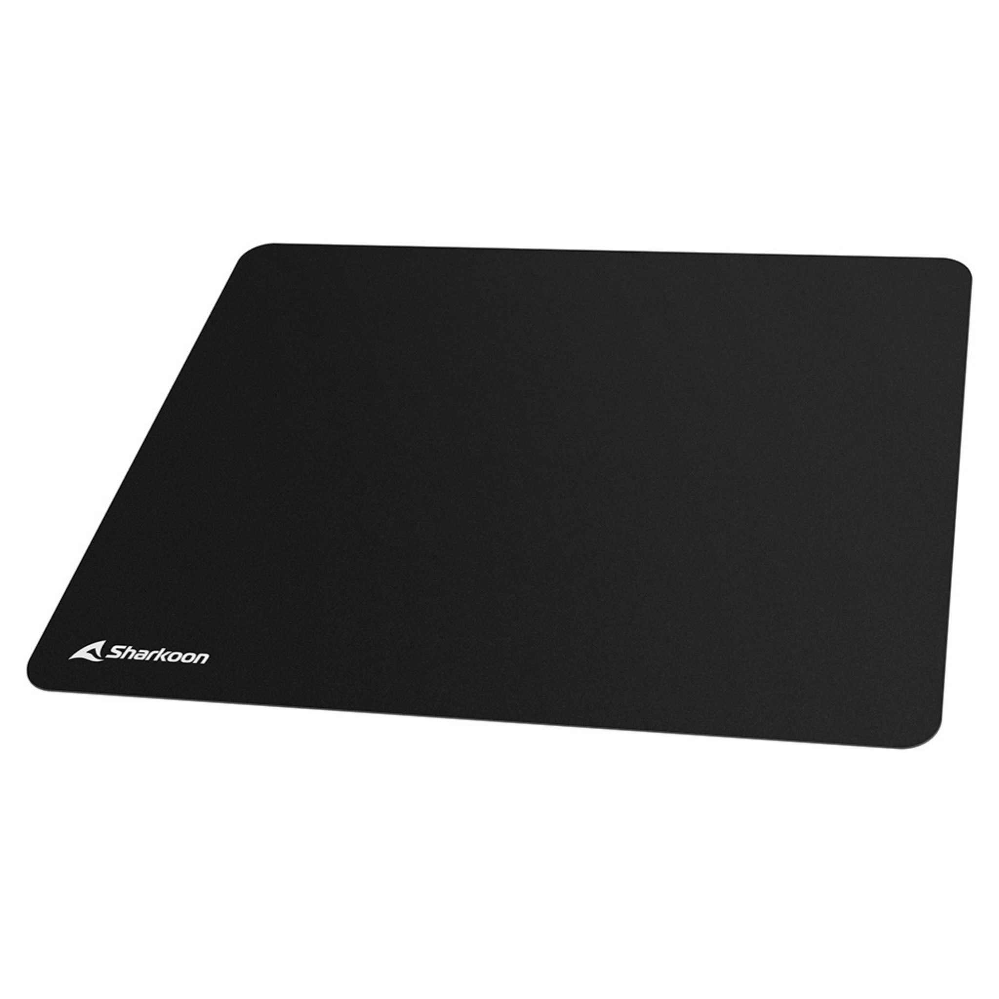 Black Sharkoon gaming mousepad, with the logo at the bottom left, lying on a white surface.
