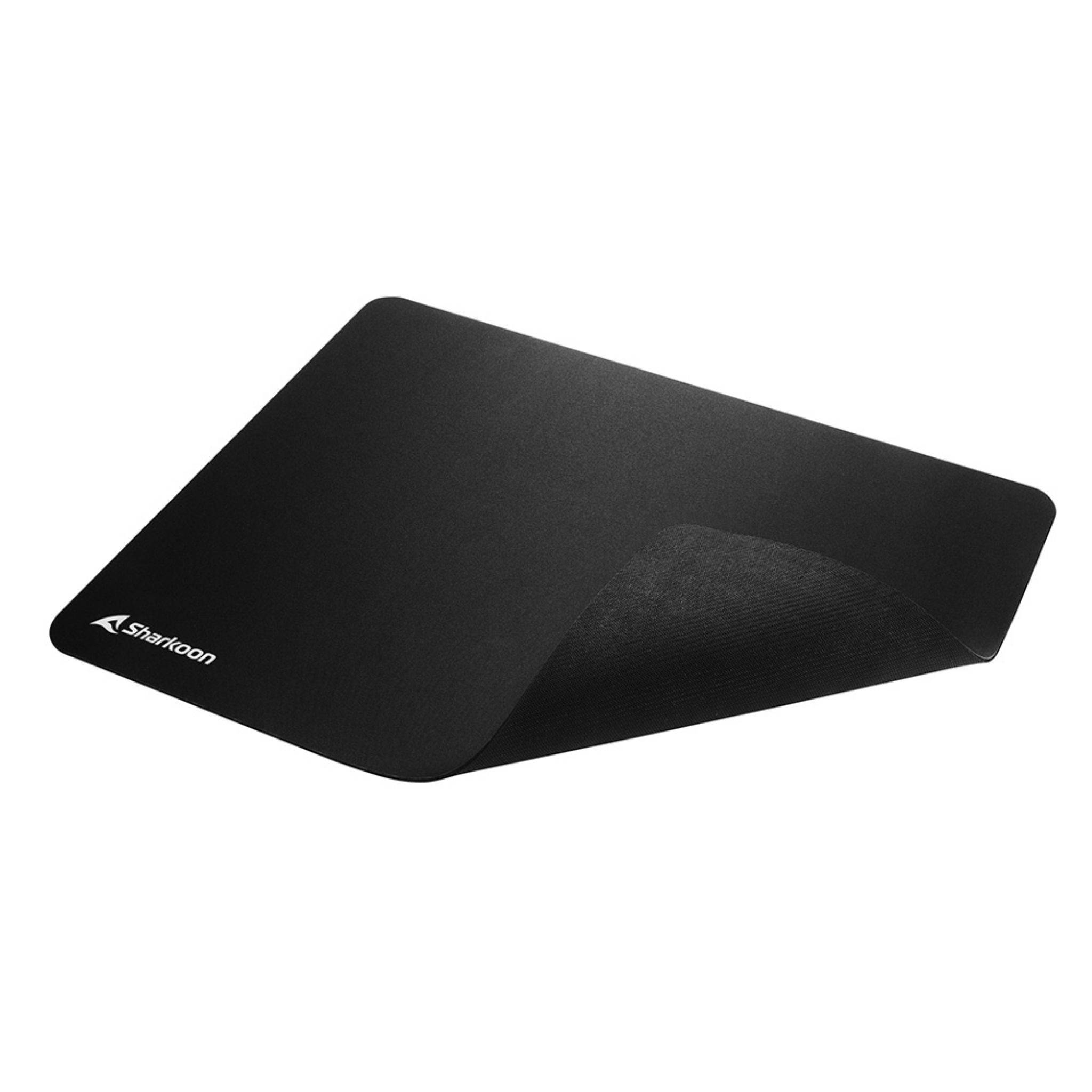 Black mousepad with a Sharkoon logo on the bottom left, on a white background.