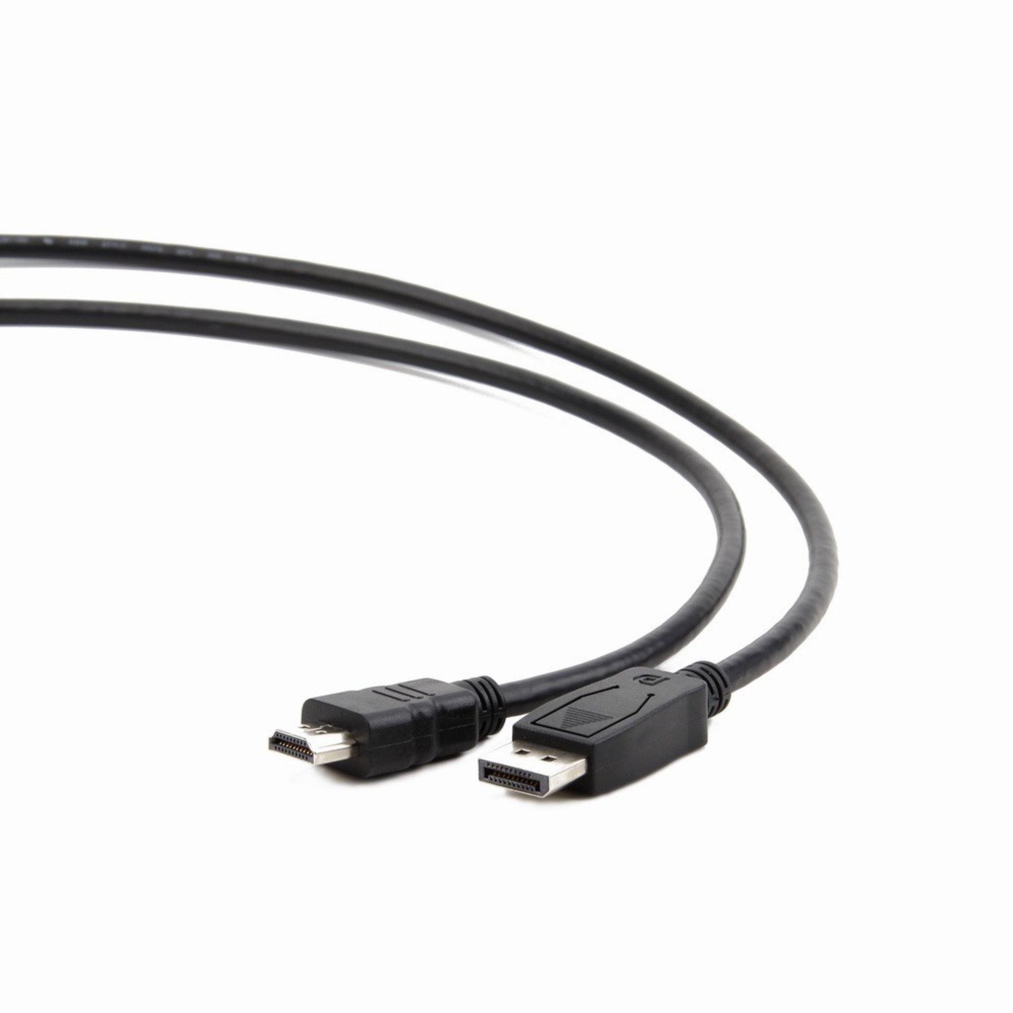 Dos cables DisplayPort negros se muestran sobre un fondo blanco, uno con un conector más pequeño.