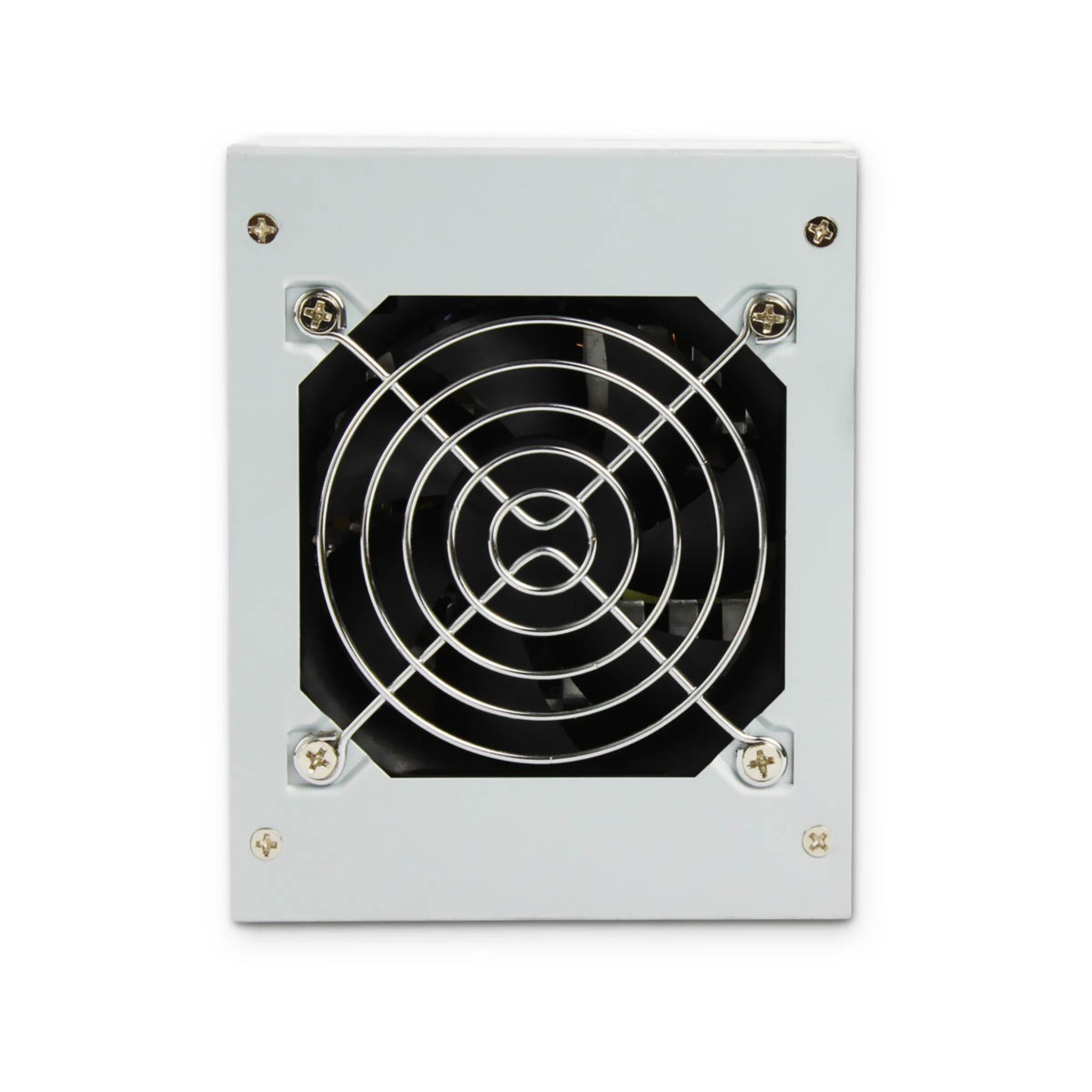 Computerfan in een grijze doos, bovenaanzicht, op wit. De fan heeft een metalen rooster.