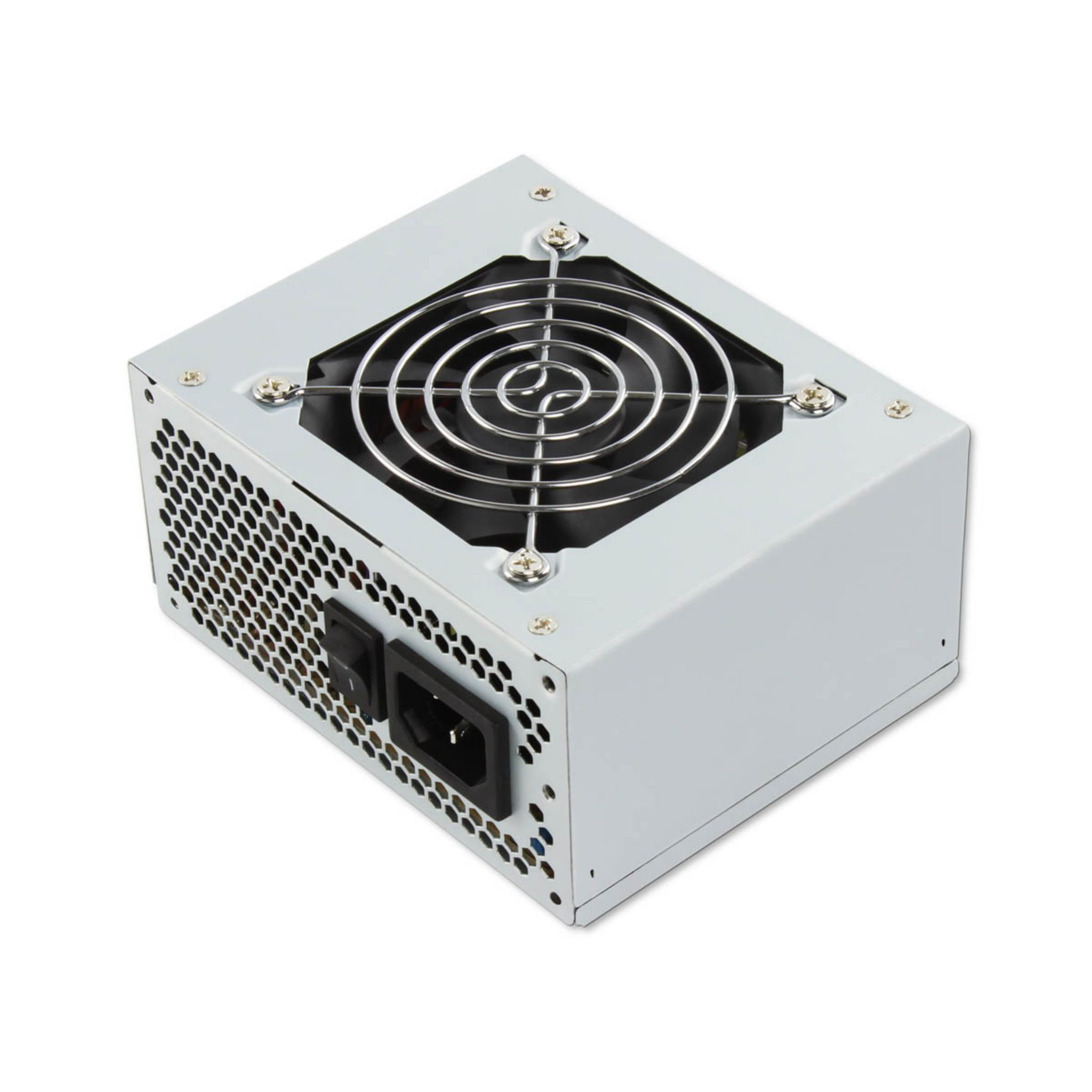 Zilveren computer voeding met ventilator en rooster op witte achtergrond.