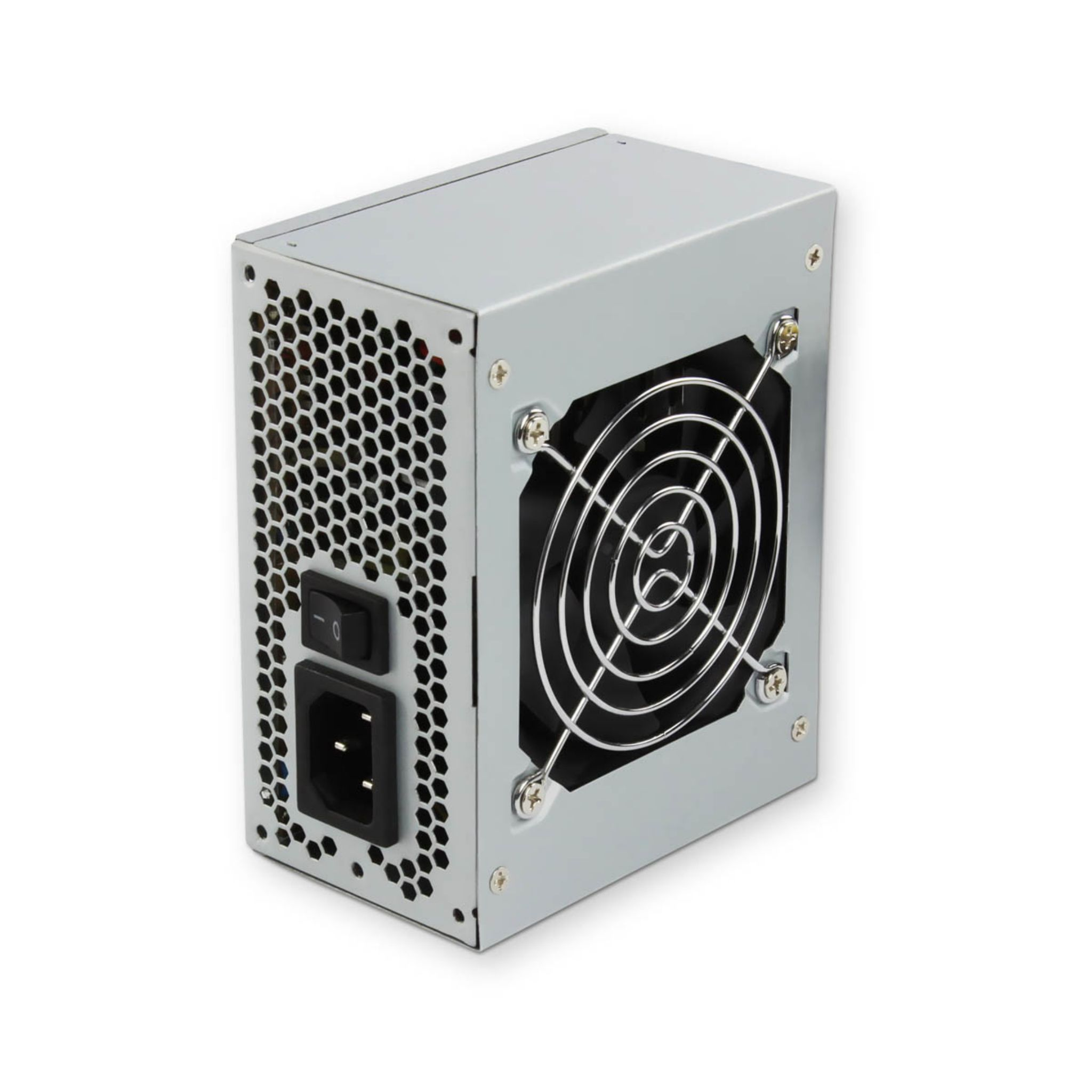 Zilveren computer voeding, met een ventilator en verschillende aansluitpoorten.
