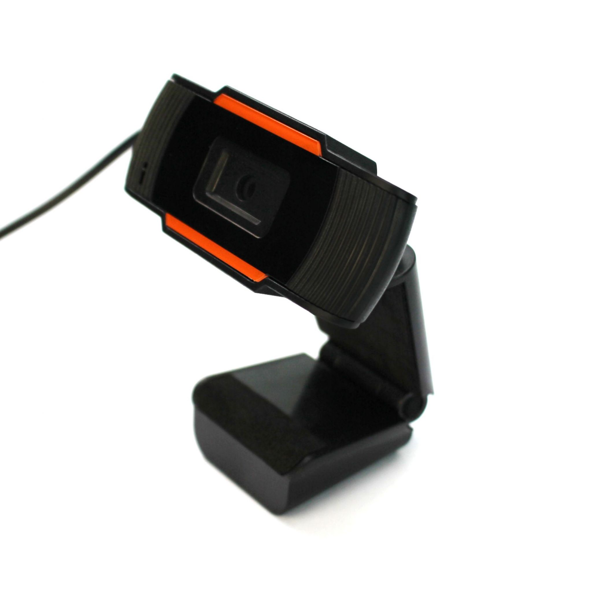 Webcam nera e arancione su sfondo bianco.