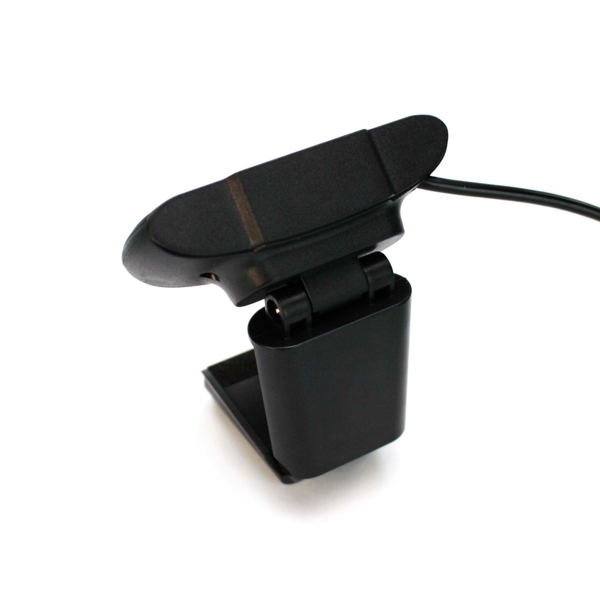 Webcam nera con base flessibile, angolata verso lo spettatore.