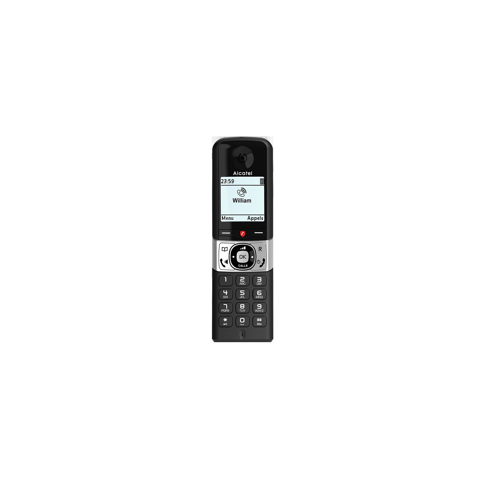 Teléfono inalámbrico Alcatel negro. Tiene una pantalla que muestra información de llamadas y un teclado.
