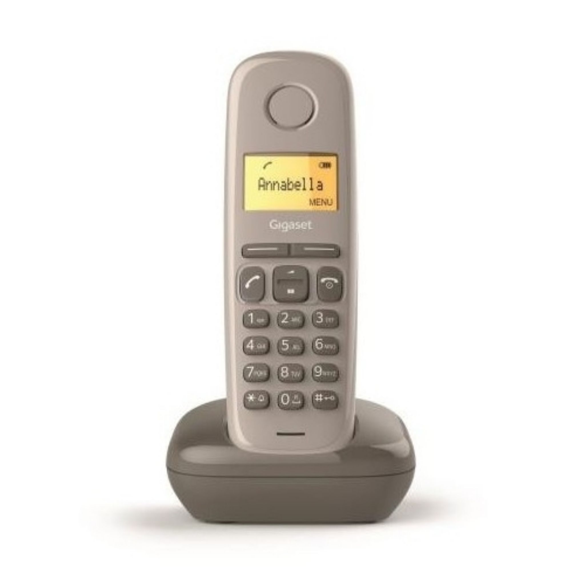 Teléfono inalámbrico, pantalla con nombre, teclado.