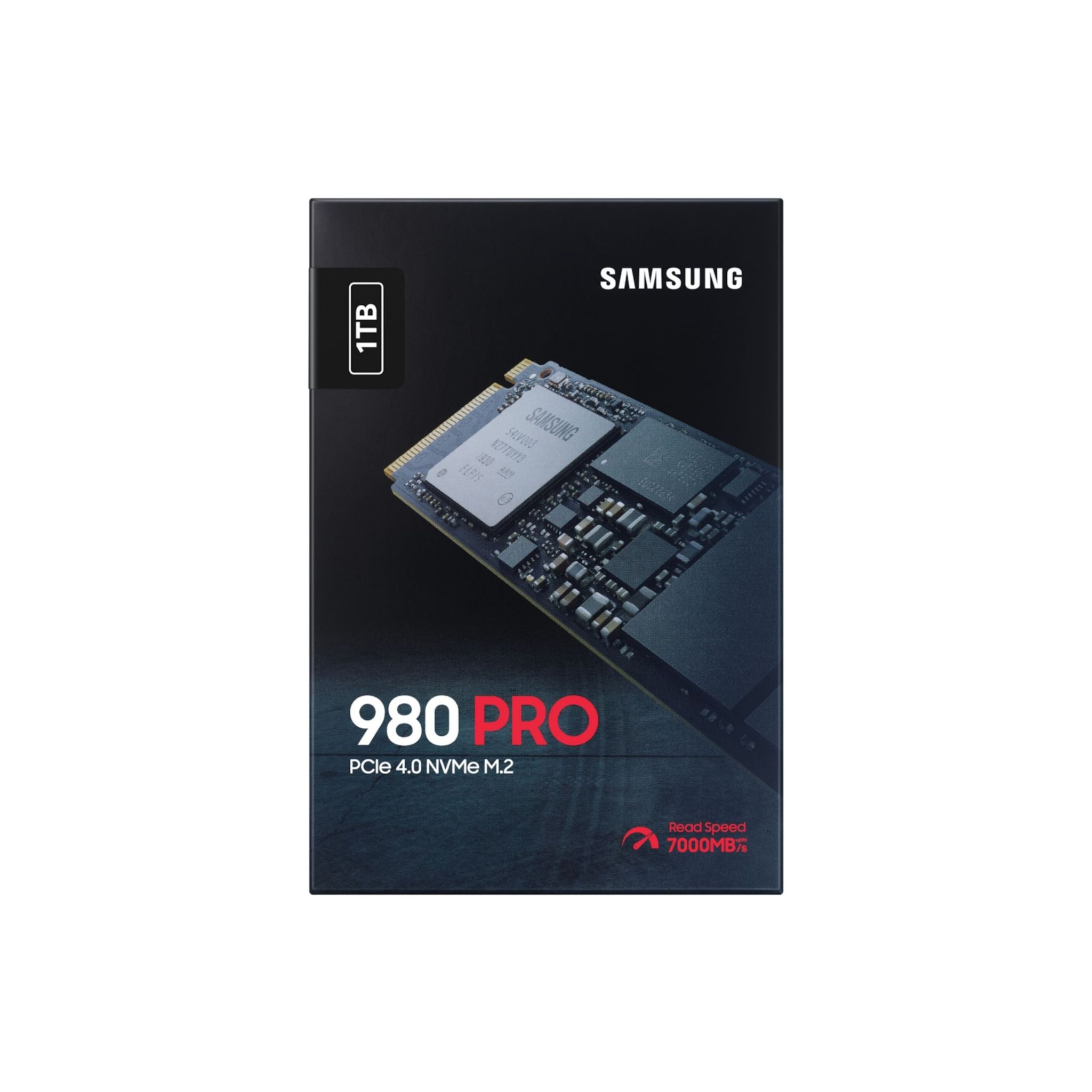 Czarny dysk SSD Samsung 980 PRO w opakowaniu. Posiada etykietę 1 TB.