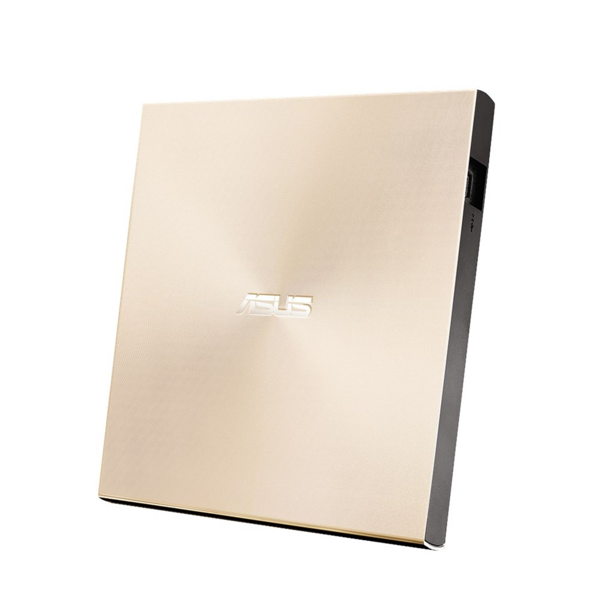 Goldfarbenes externes ASUS-DVD-Laufwerk. Draufsicht zeigt den Markennamen in der Mitte.