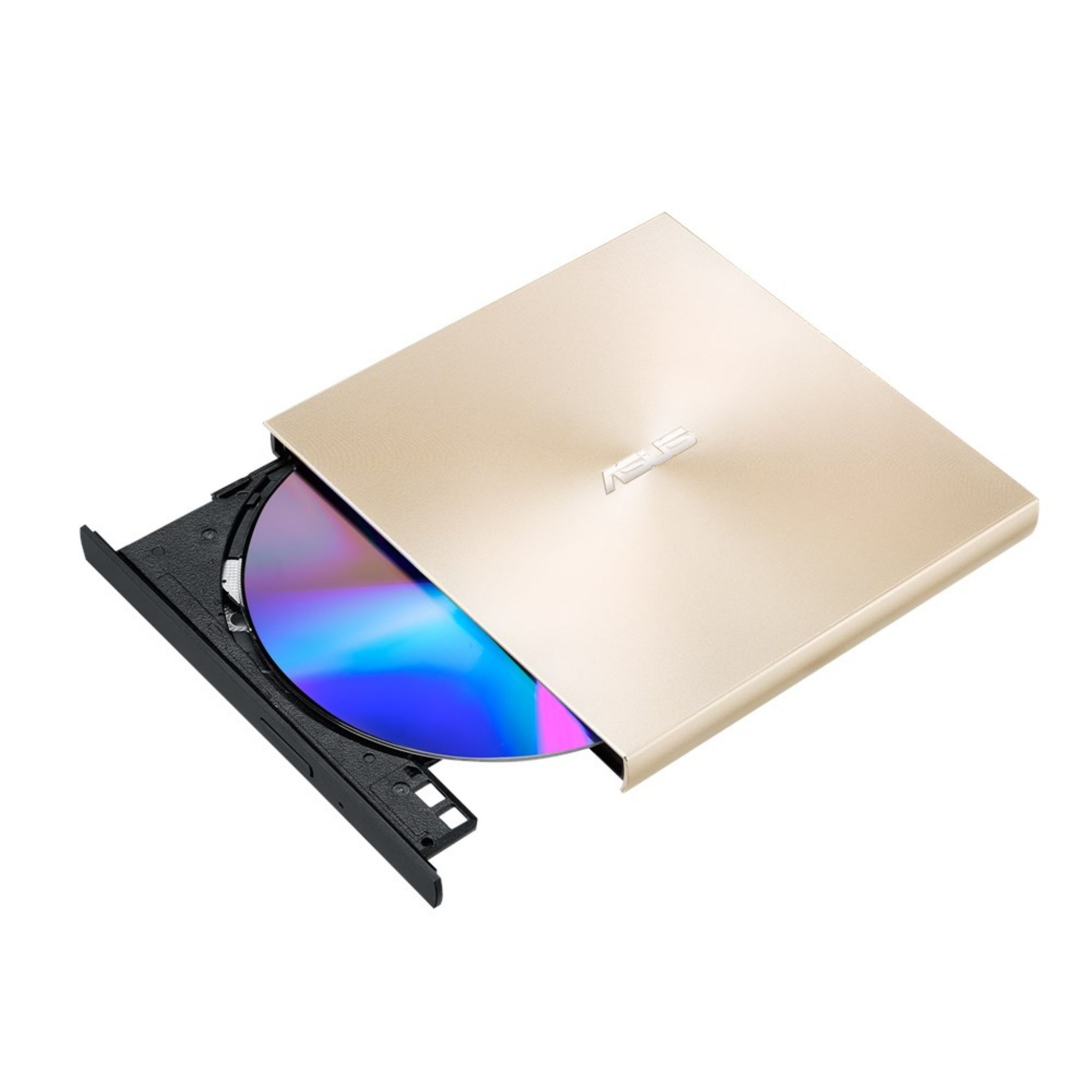Goldfarbenes externes CD/DVD-Laufwerk von ASUS. Eine Disc ist teilweise eingelegt. Weißer Hintergrund.