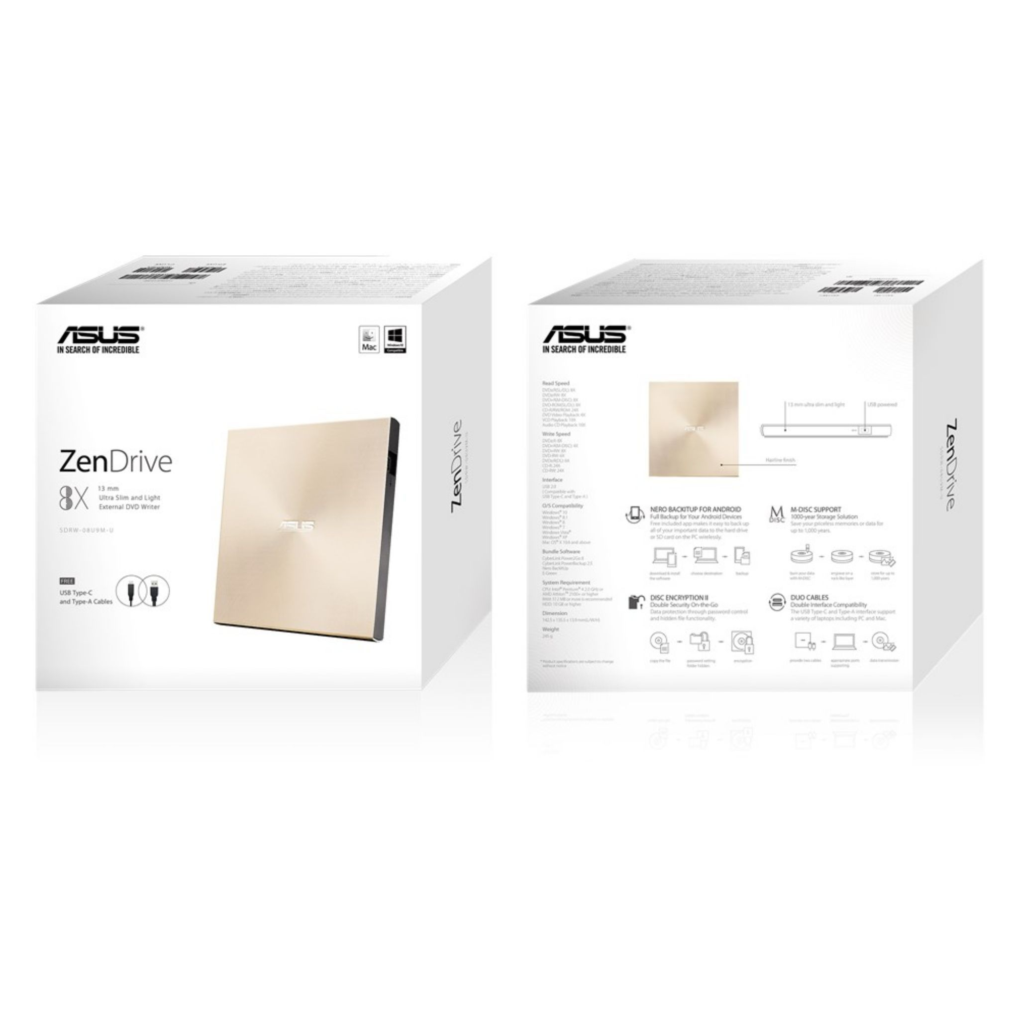 Asus ZenDrive externe DVD-Writer-Box aus zwei Winkeln gezeigt, Produktinfo und Design zeigend.
