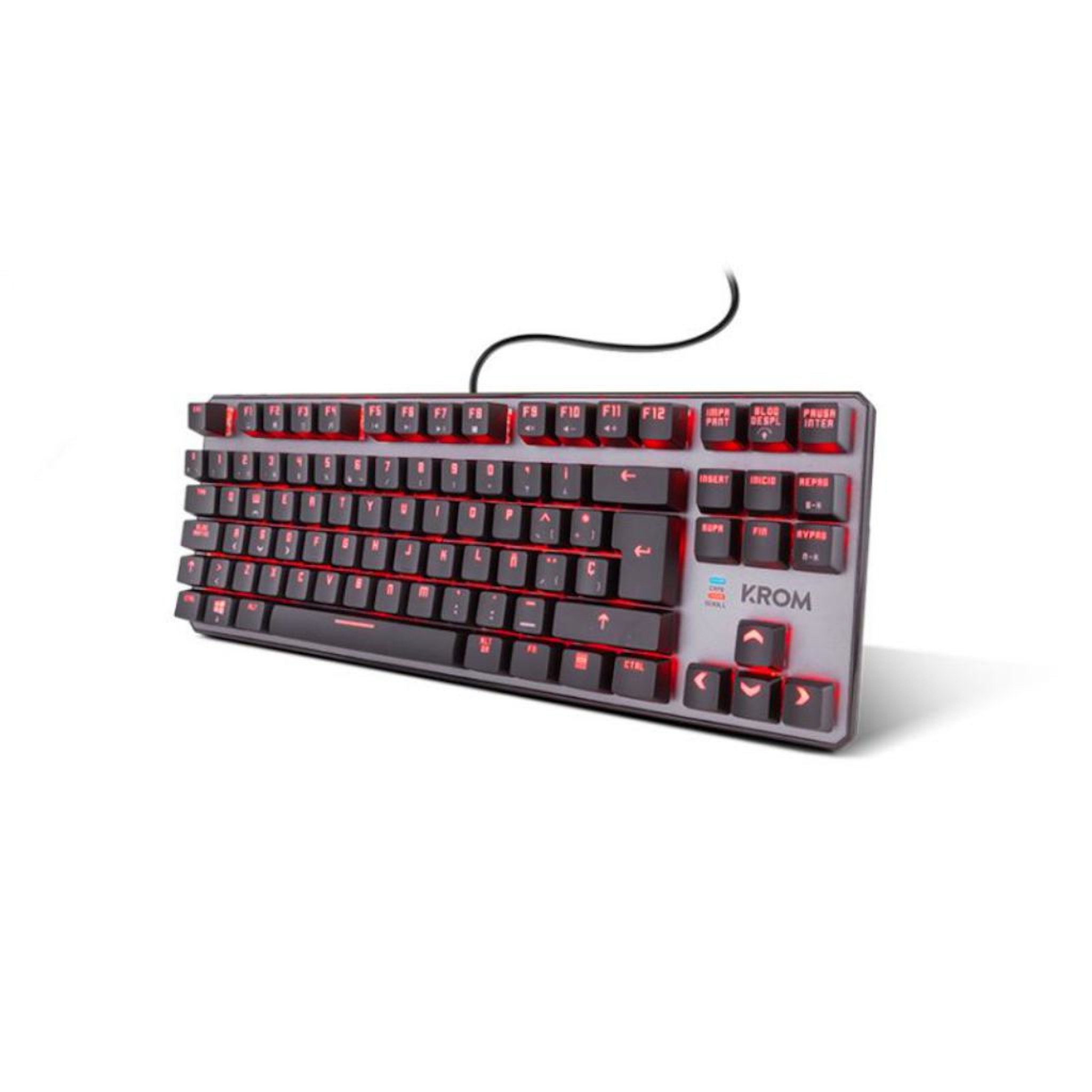 Teclado negro y gris con teclas retroiluminadas en rojo sobre fondo blanco.