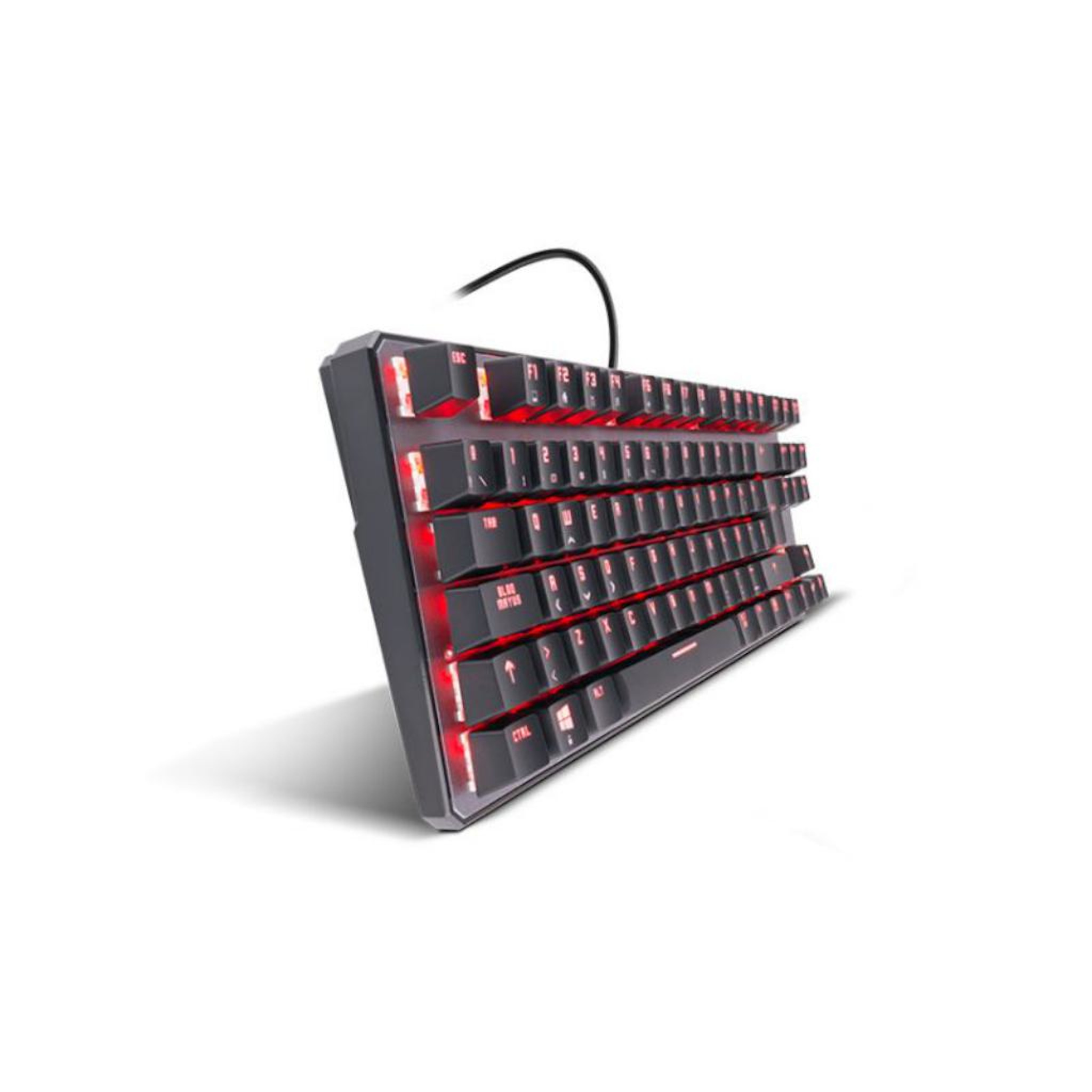 Teclado negro con teclas retroiluminadas en rojo. Las teclas son visibles, mostrando letras y símbolos.