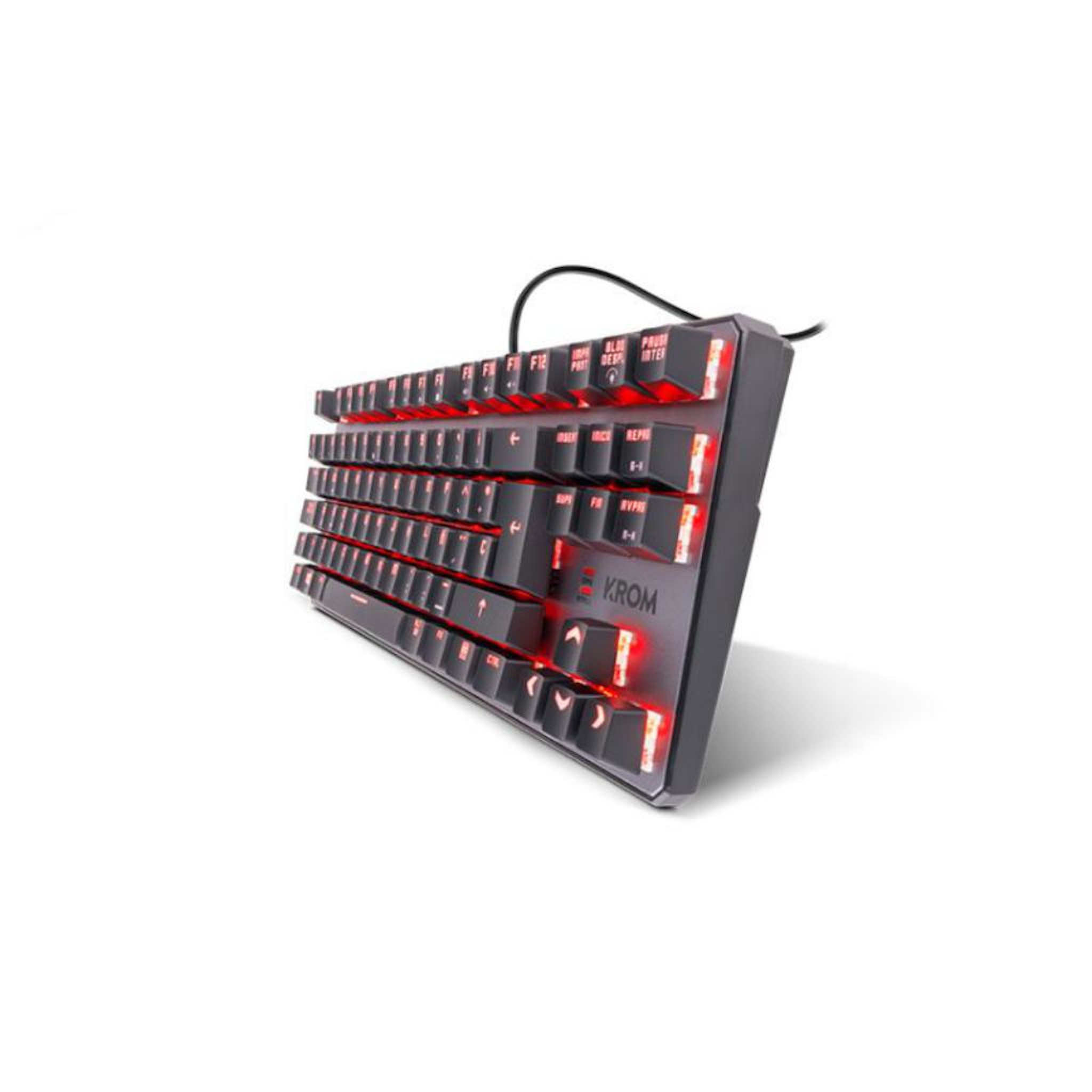 Un teclado gaming negro con teclas iluminadas en rojo. La marca "KROM" es visible.
