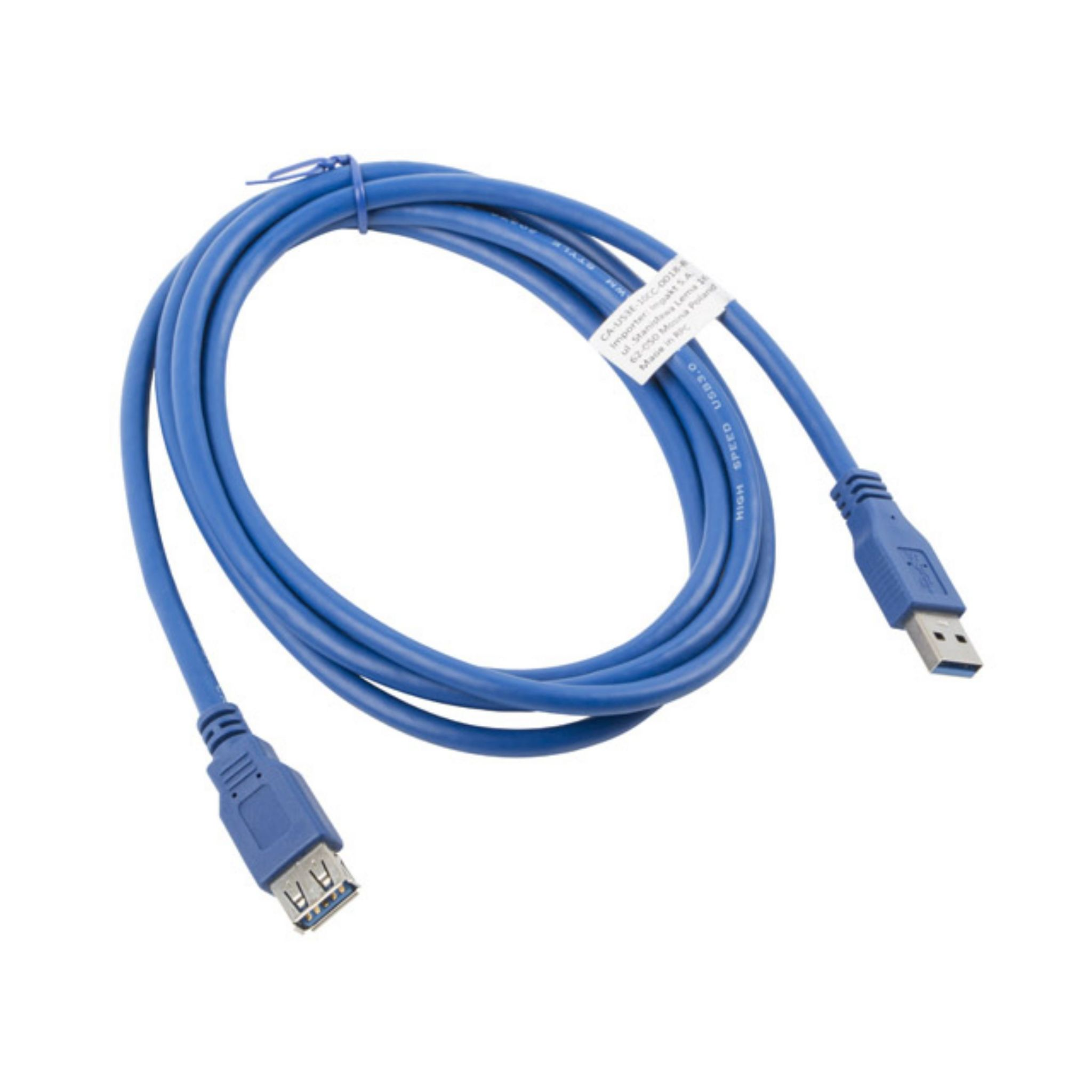 Cavo USB 3.0 blu con connettori USB-A e USB-B, isolato su bianco.