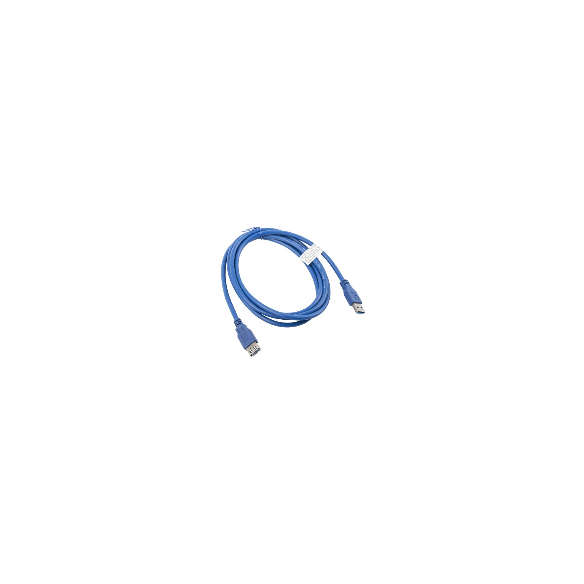 Cavo USB blu con connettori su entrambe le estremità, arrotolato su sfondo bianco.