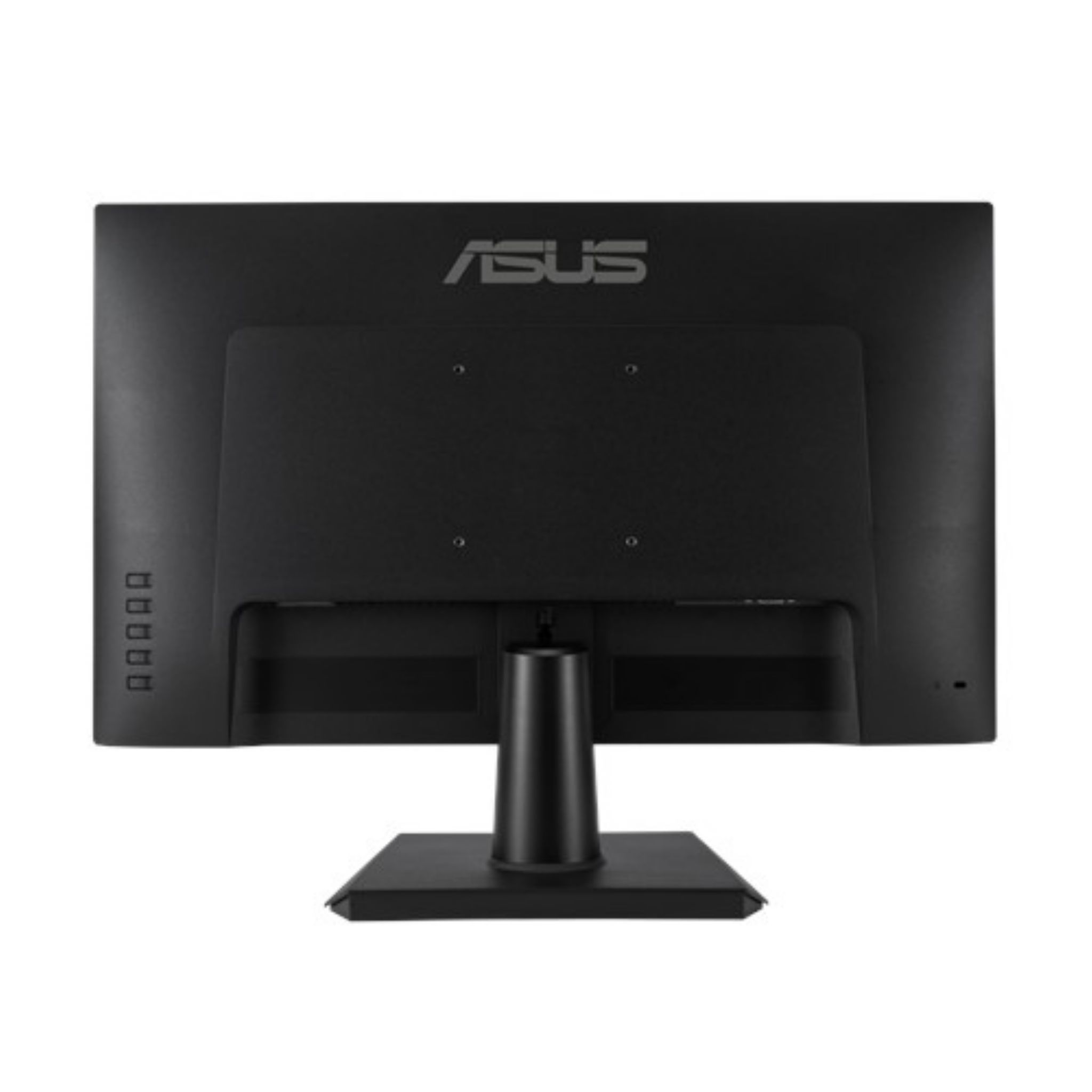 Vista trasera de un monitor de computadora ASUS negro. El monitor está sobre un soporte negro.