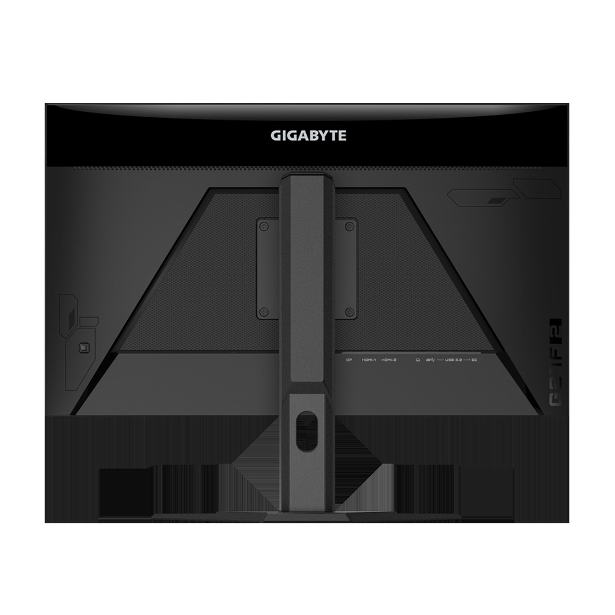 Retro di un monitor Gigabyte nero che mostra porte e supporto.