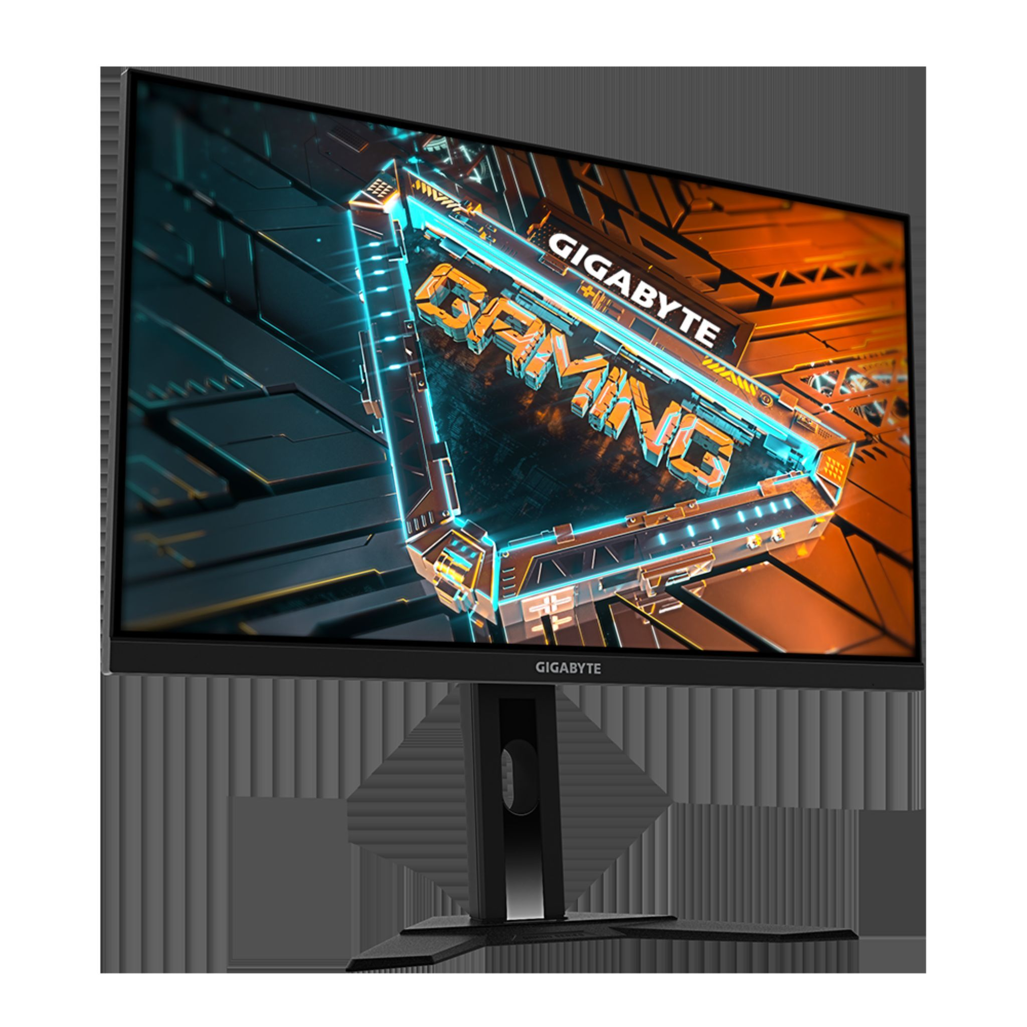 Monitor da gioco con grafica arancione e blu. Cornice e supporto neri. Vista angolata.