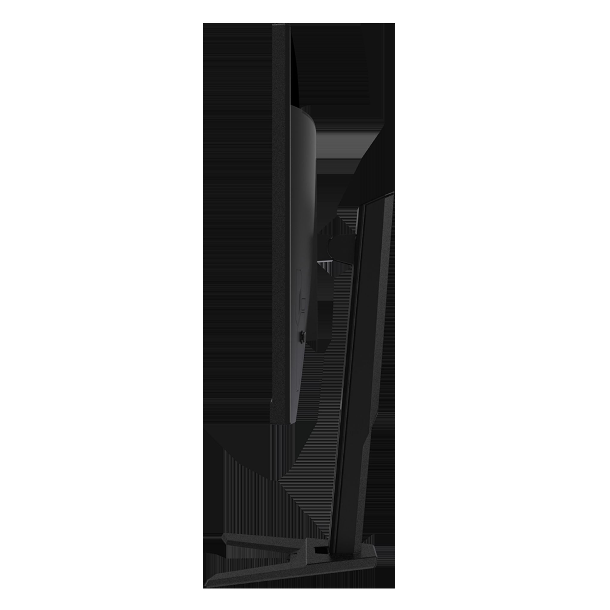 Monitor del computer nero, vista laterale. È su un supporto e ha una cornice sottile.