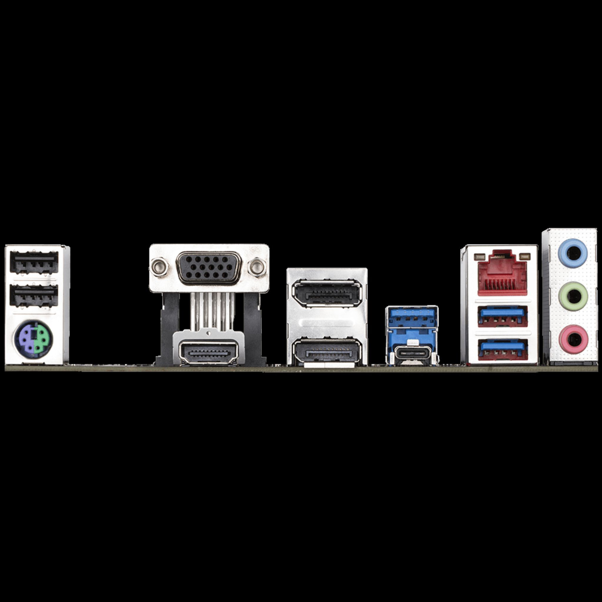 Zbliżenie portów płyty głównej: VGA, HDMI, USB, audio i sieć.