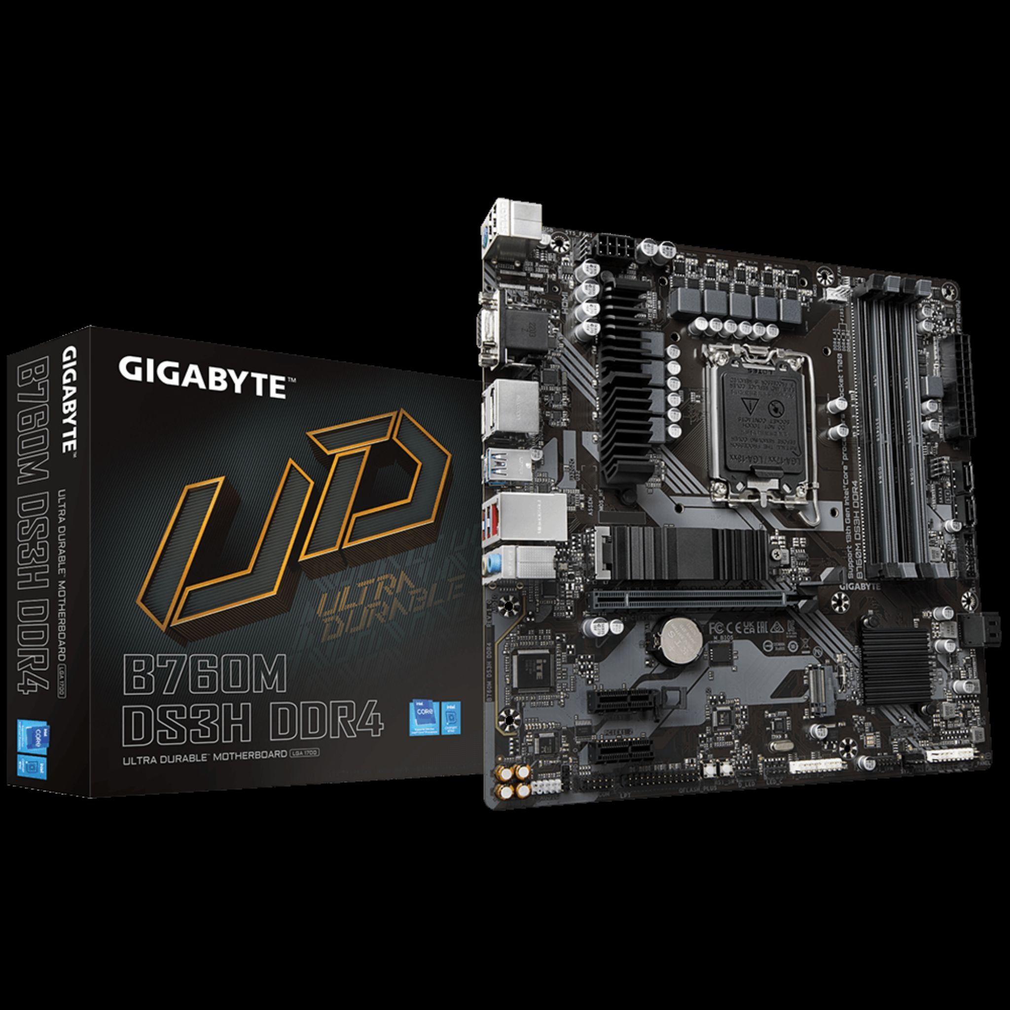 Płyta główna i pudełko z napisem 'GIGABYTE B760M DS3H DDR4' na czarnym tle.