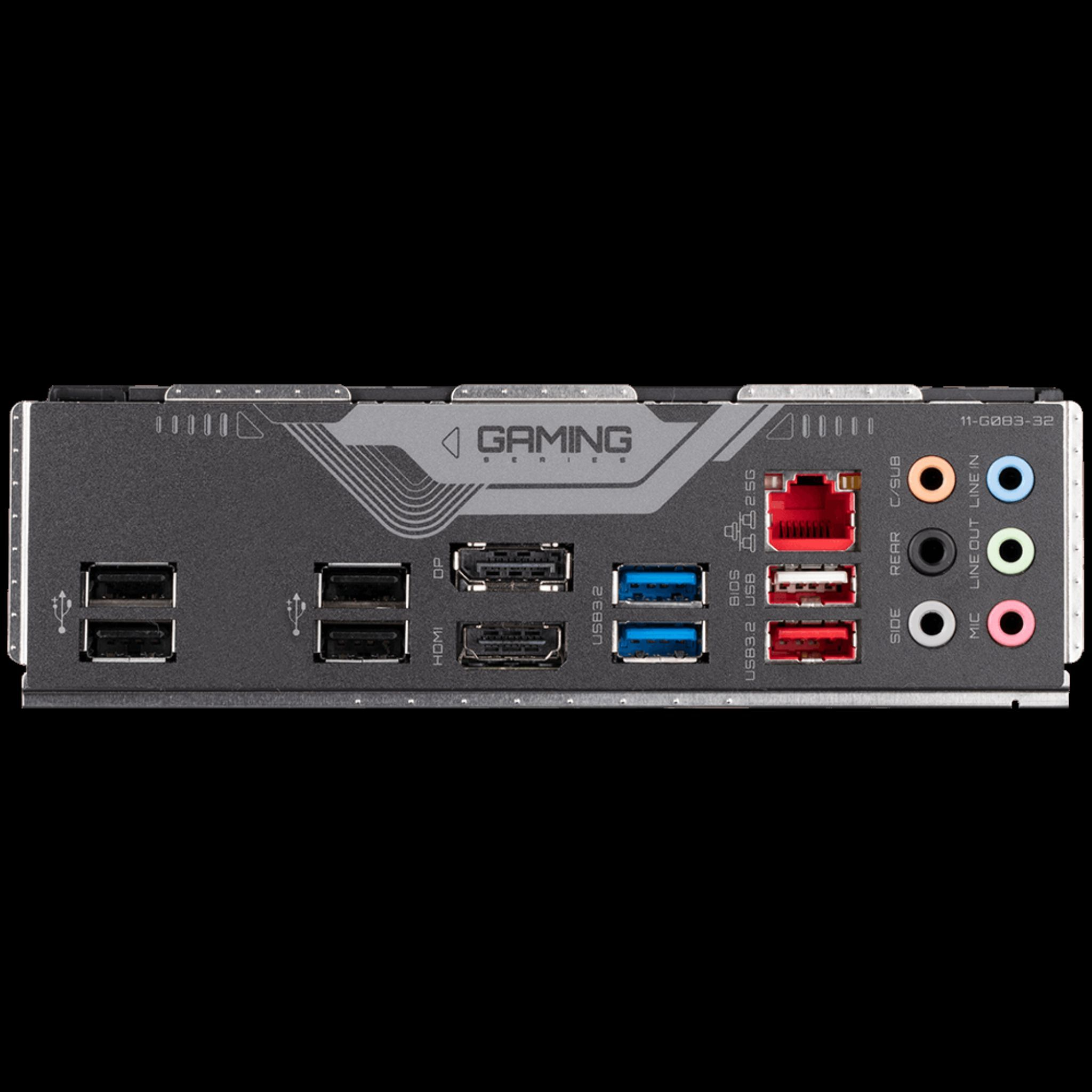 Panel tylny płyty głównej komputera z różnymi portami, w kolorze szarym i czarnym.