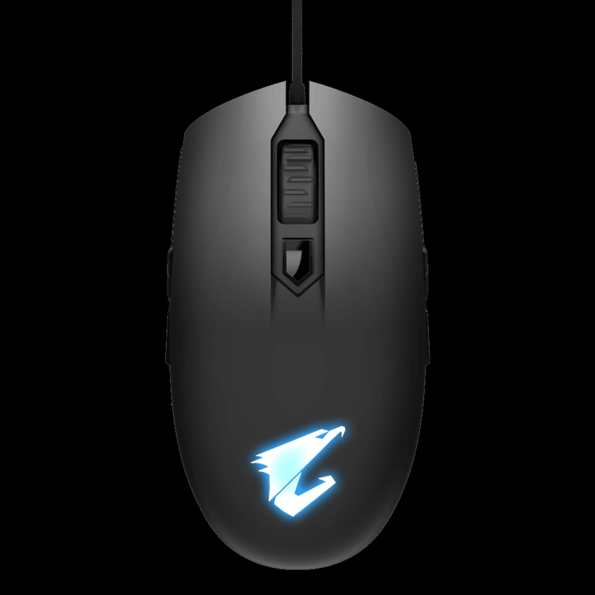 Un mouse da gioco nero con un logo, una rotellina e pulsanti laterali.