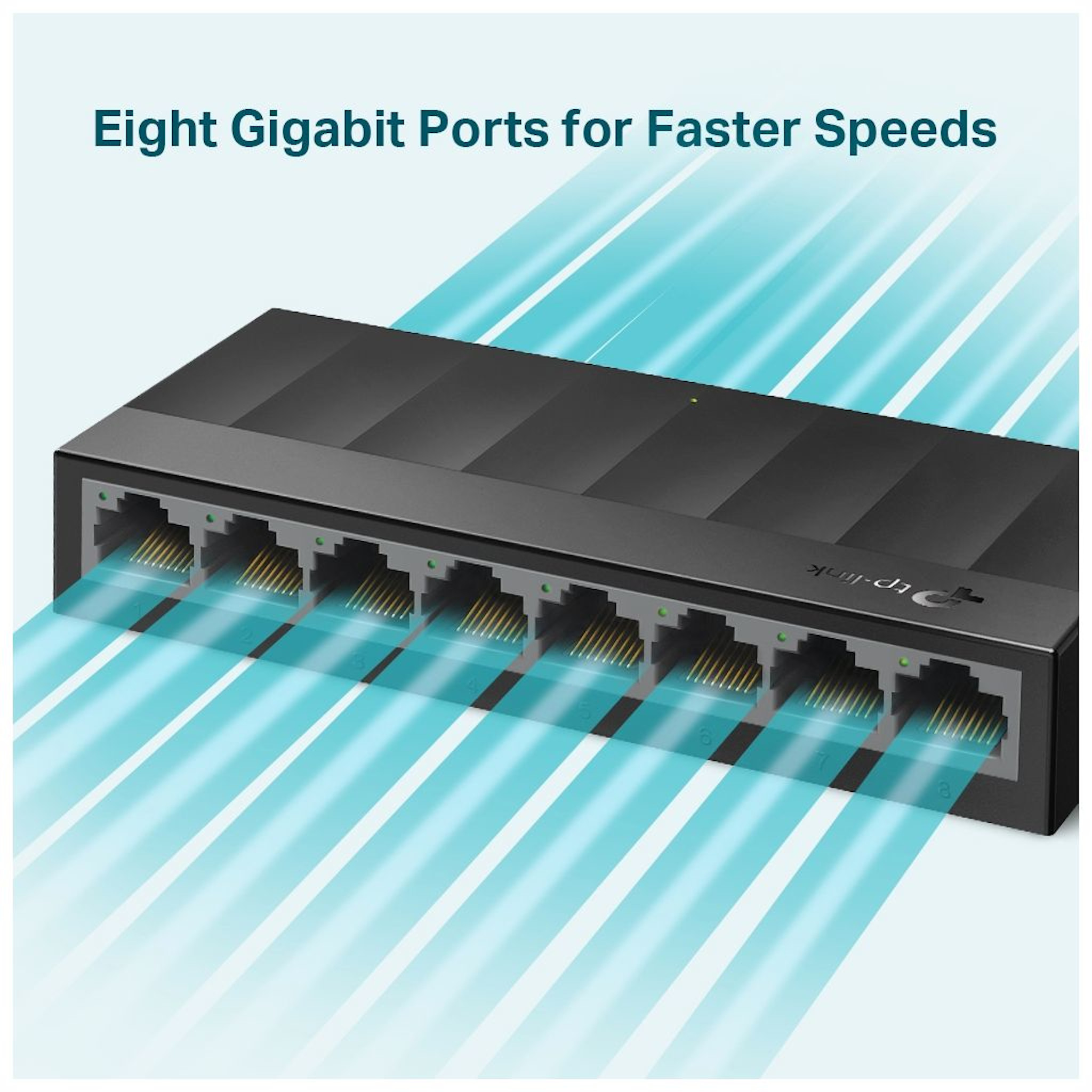 Czarny przełącznik sieciowy z ośmioma portami, z niebieskimi liniami wskazującymi przepływ danych.