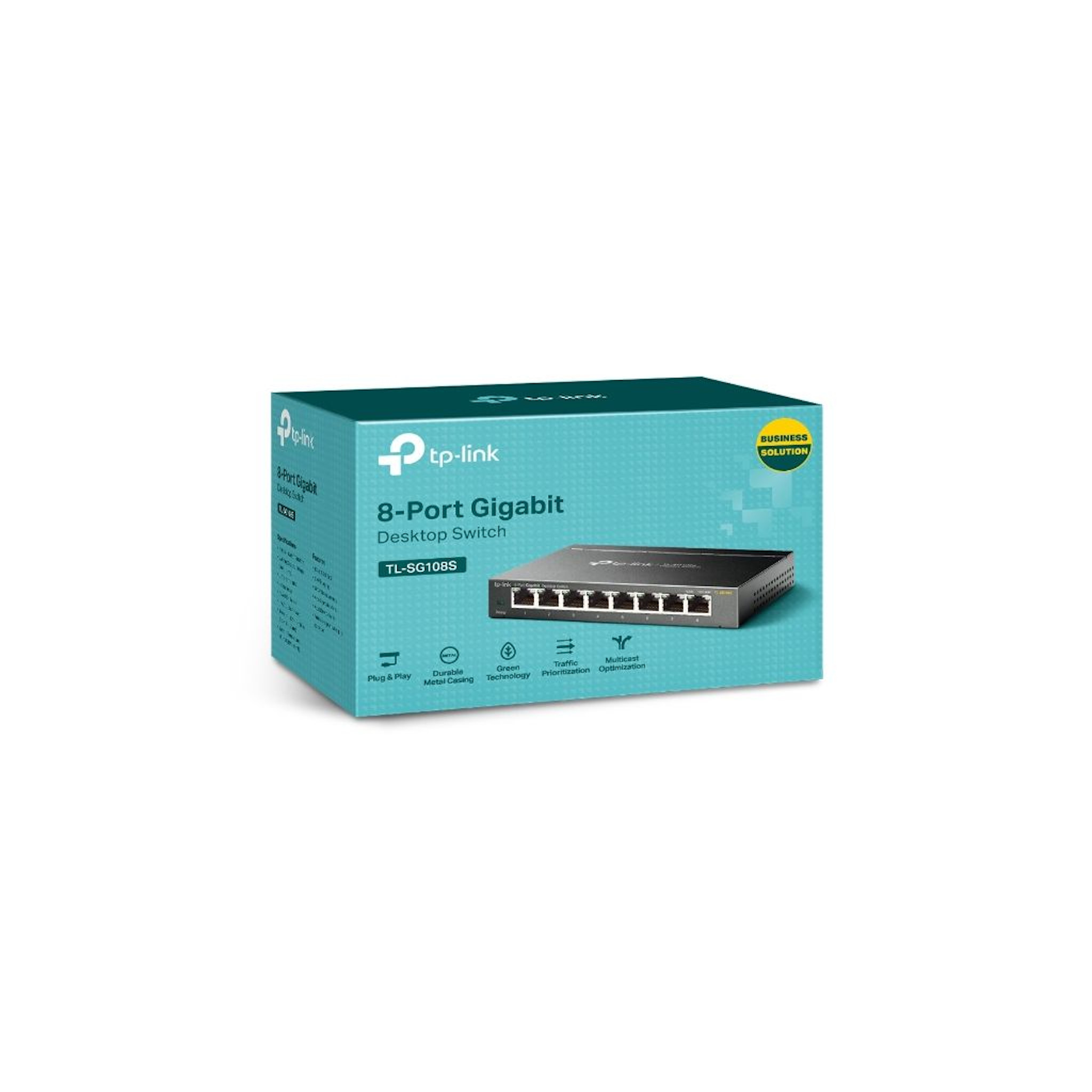 Un commutateur de bureau Gigabit à 8 ports dans une boîte bleue et blanche.