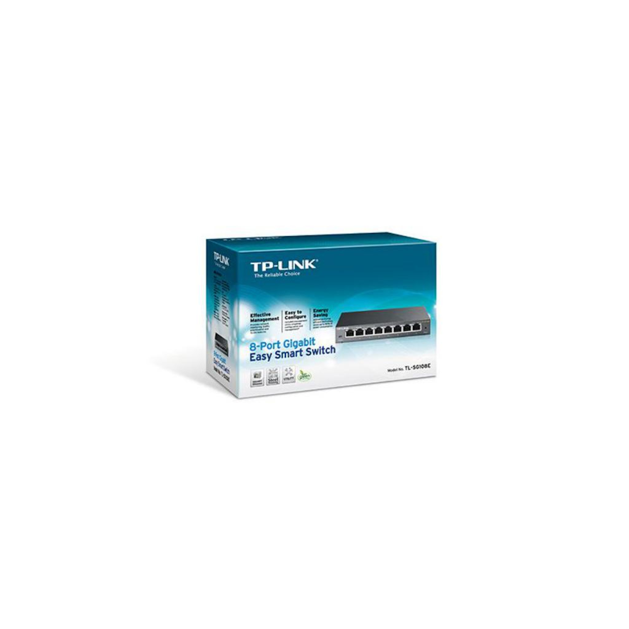 Pudełko TP-Link 8-Port Gigabit Easy Smart Switch. Pudełko jest biało-niebieskie.