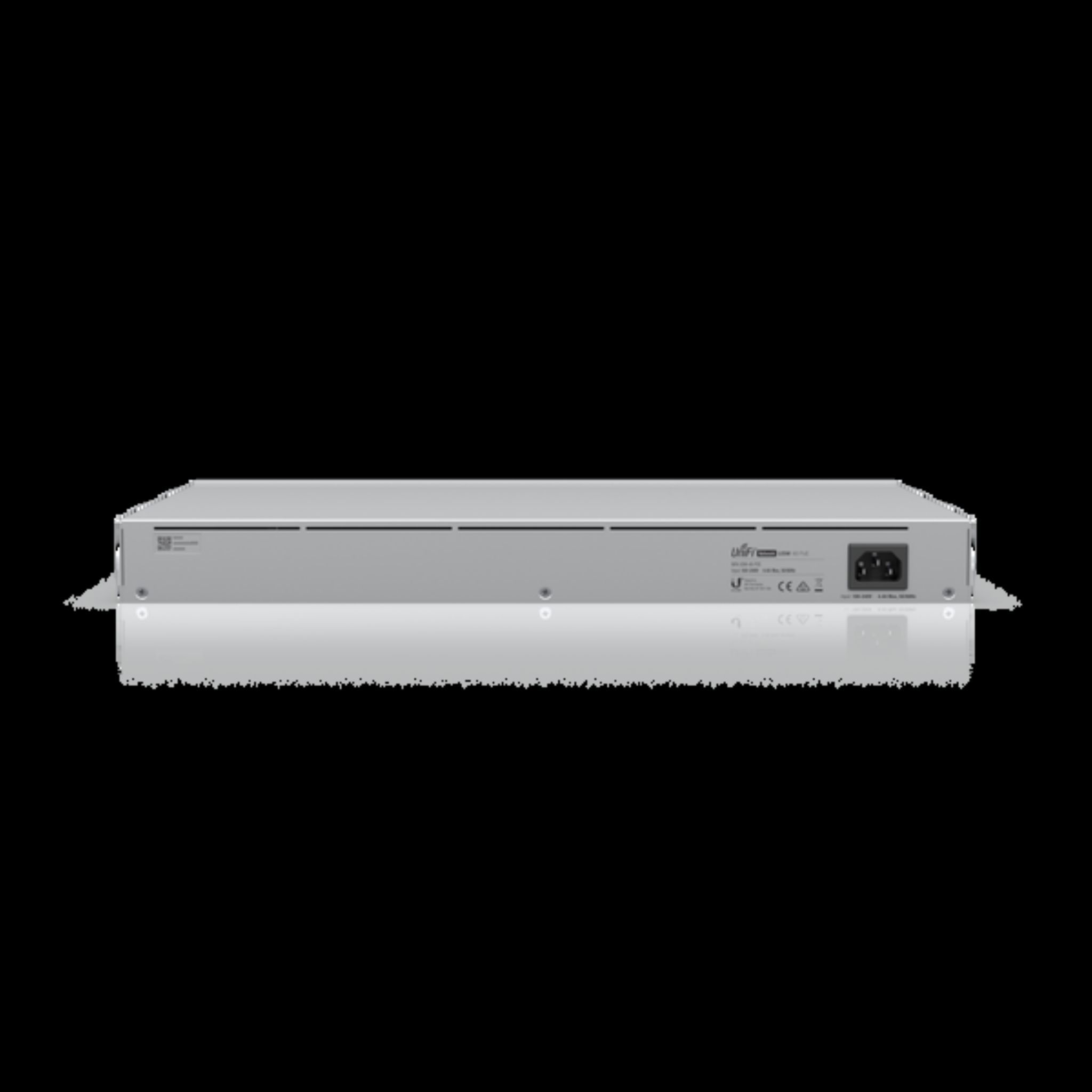 The back of a gray network device. It has various ports and labels and a power port.