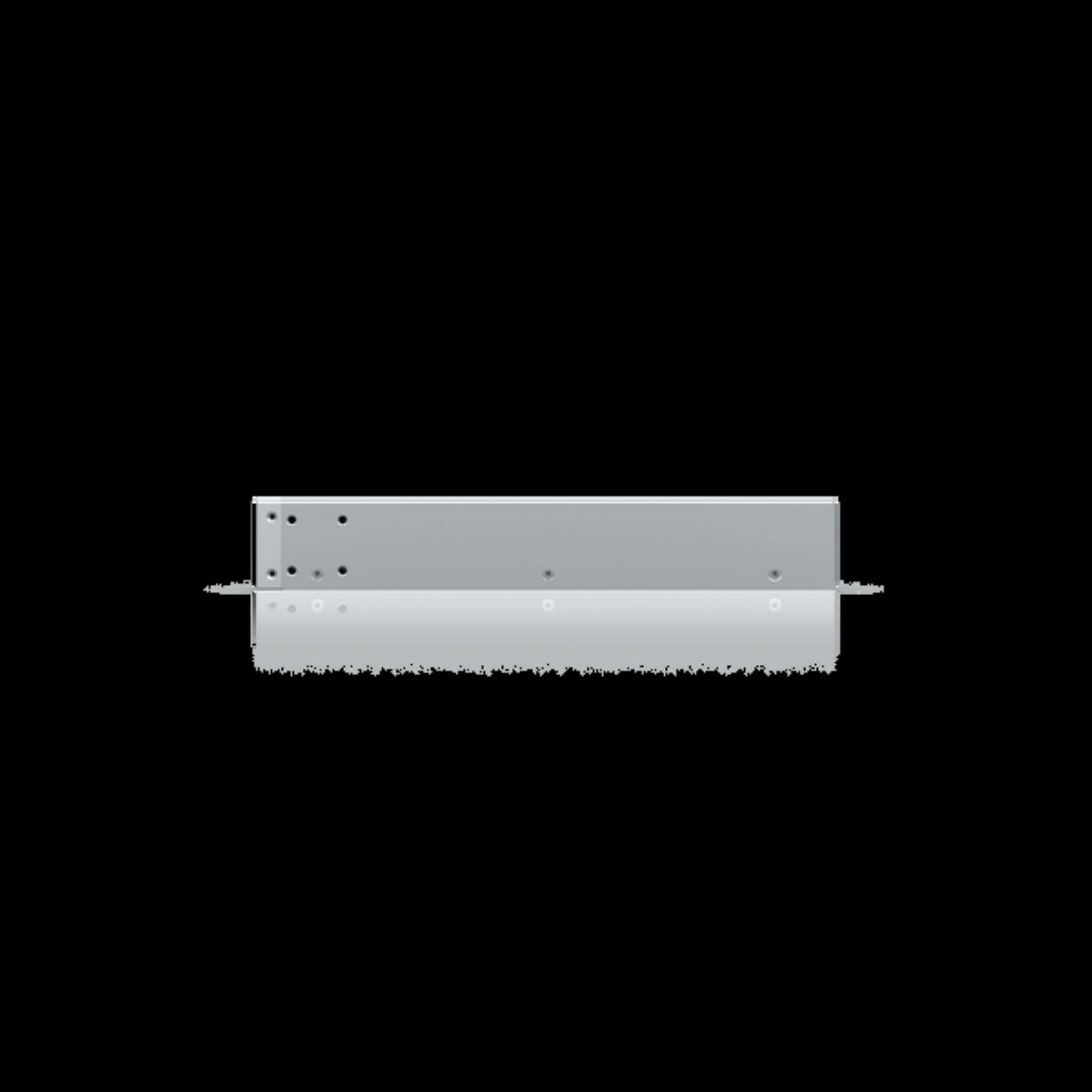 Silver metal bracket on a black background. There are several holes.