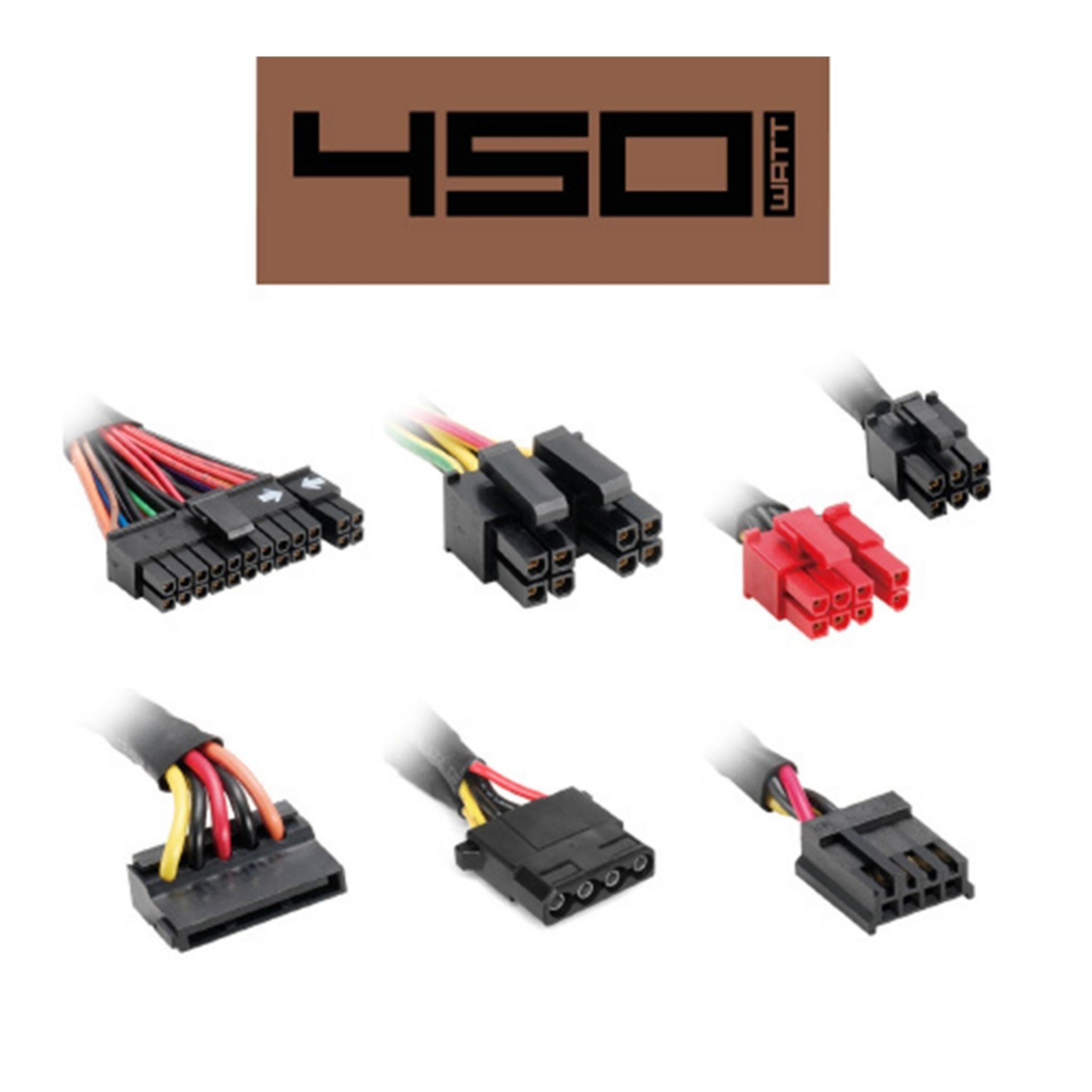 Różne złącza zasilacza. Złącza są czarne, czerwone i żółte. Tekst: 450 watów.