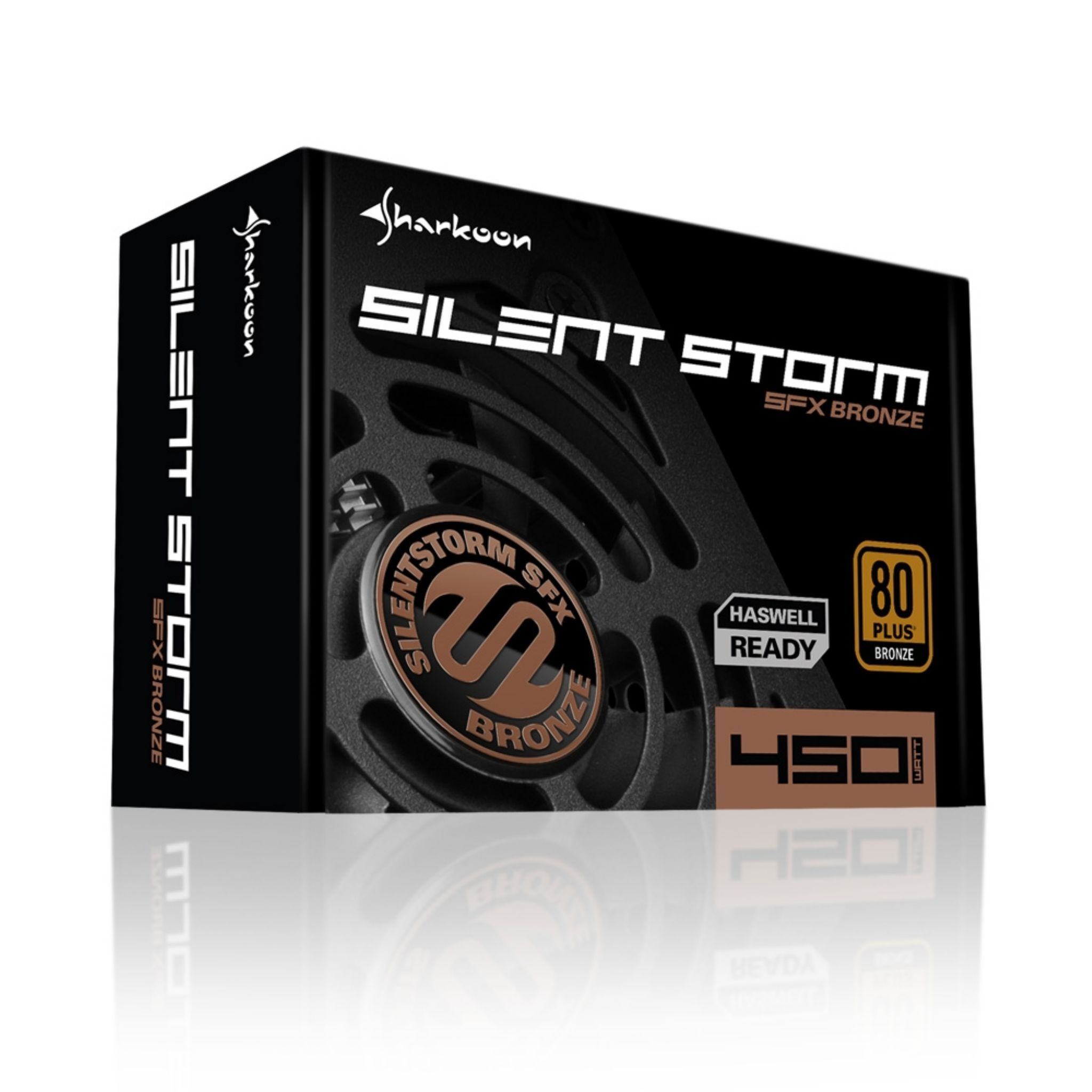 Czarne i brązowe pudełko z tekstem: SILENT STORM SFX BRONZE, 80 PLUS BRONZE, HASWELL READY.