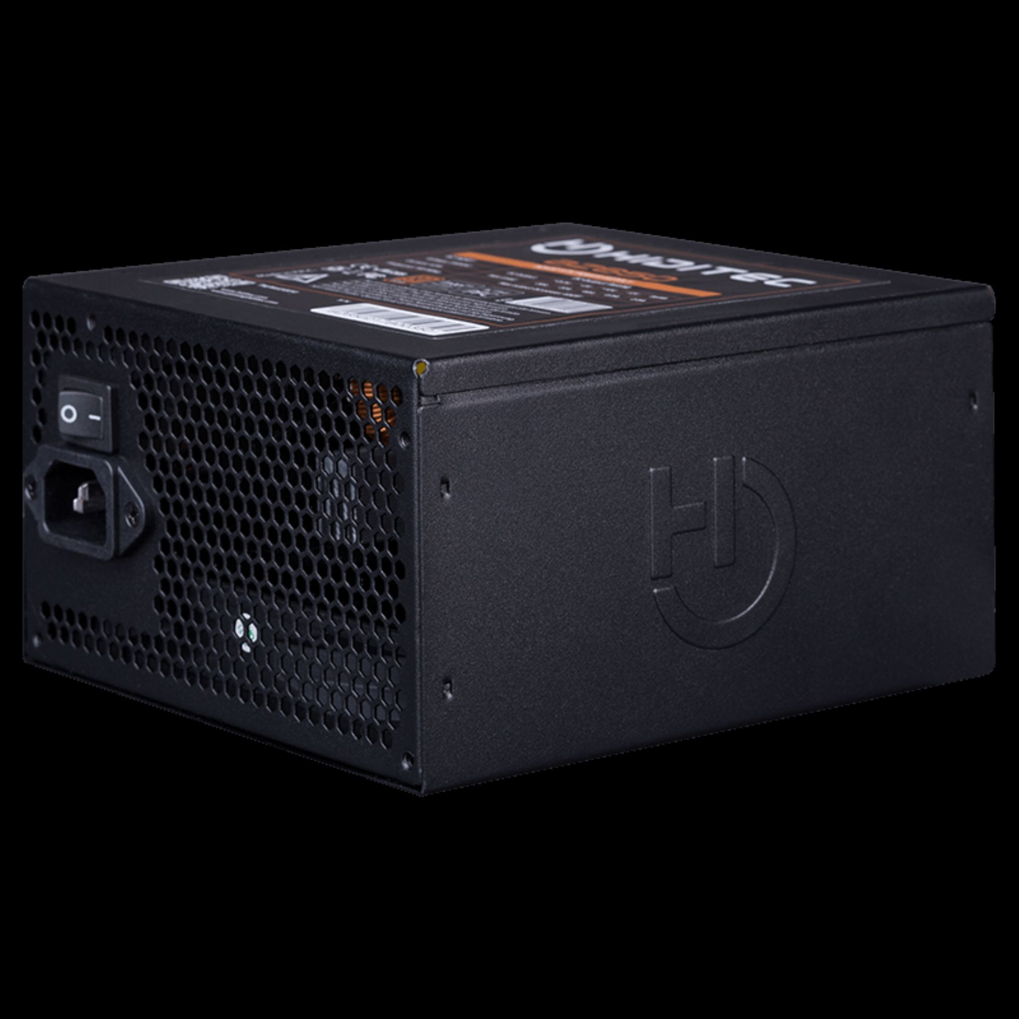 Een zwarte voeding met een ventilator en een voedingsconnector.