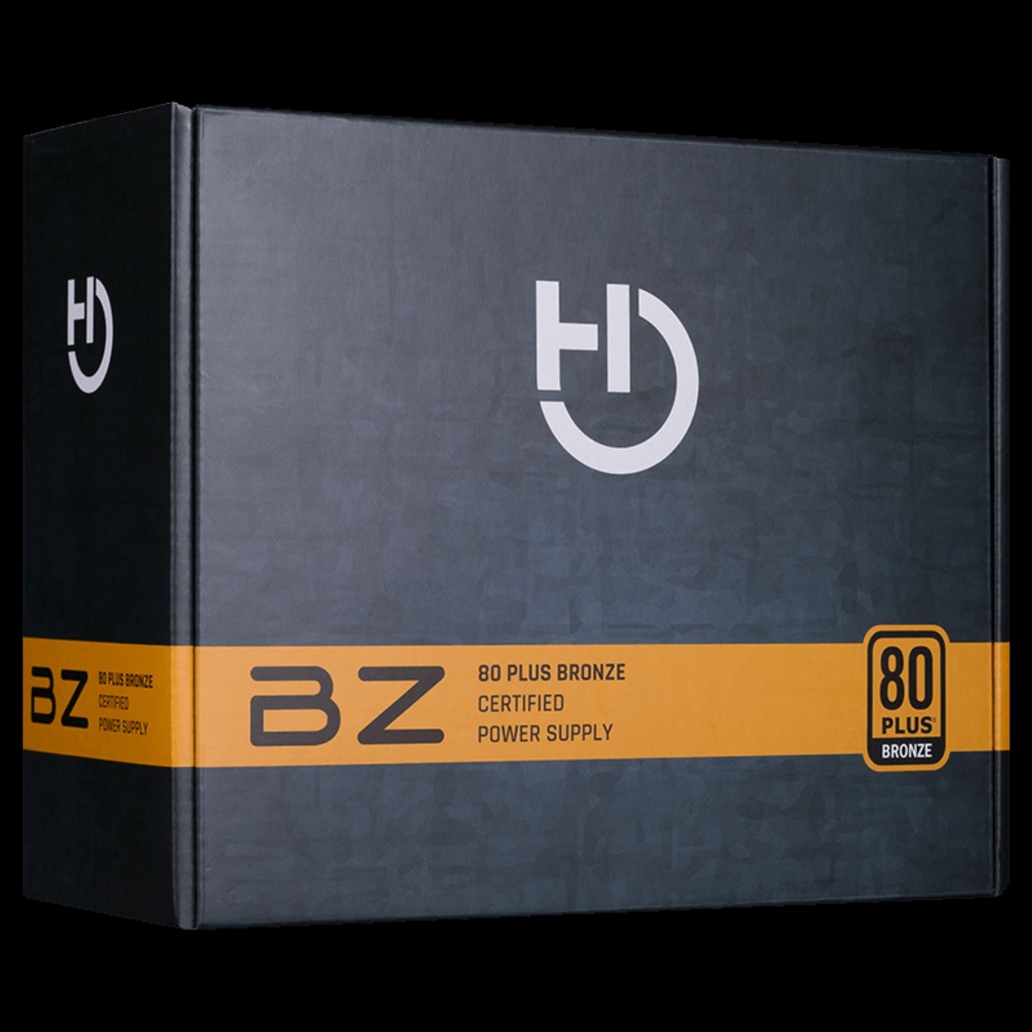 Zwarte voedingbox met een oranje streep. De box heeft het HD logo en de woorden "80 PLUS BRONZE".